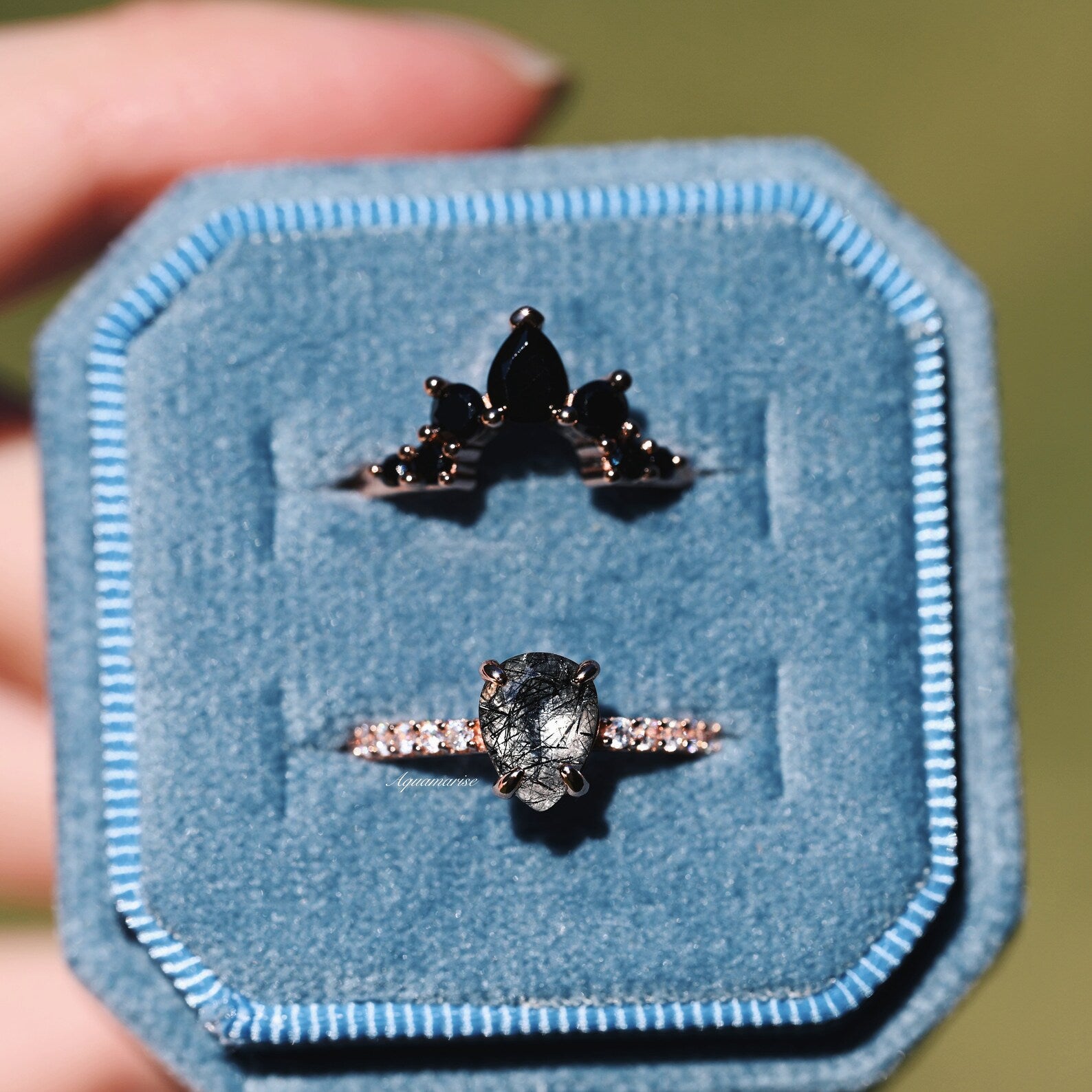 14K Rose Gold Vermeil Rutilated Quartz & Black Onyx Ring Set – Elegant Jewelry for Women, Perfect for Weddings, Parties & Everyday Wear