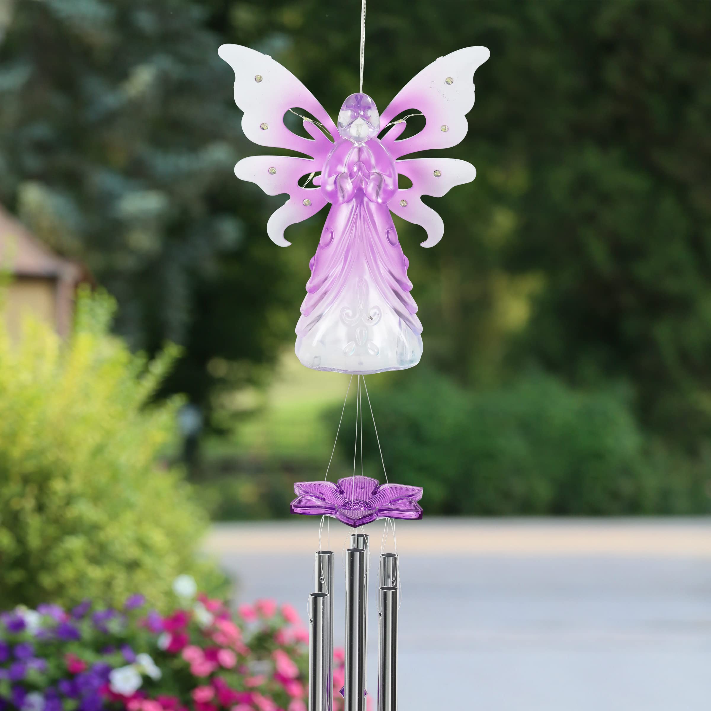 Solar-Powered Angel Wind Chime with 13 LED Firefly Lights - Purple Acrylic Metal Wings for Outdoor Garden, Patio, and Yard Decoration (6.5 x 4 x 42 Inch) - Perfect for Relaxing Evenings and Backyard Ambiance