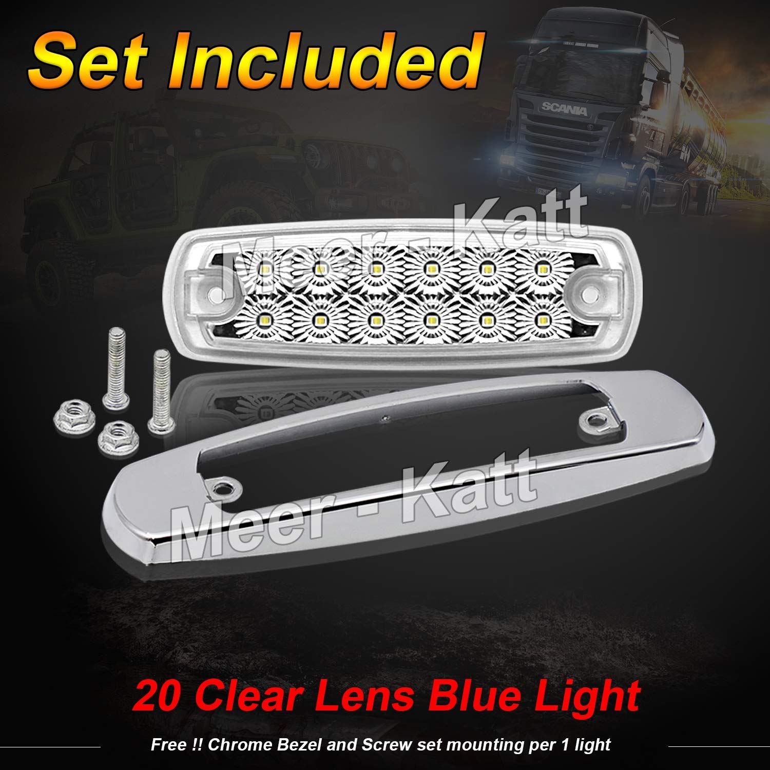 Meerkatt 6.4 Inch Side Marker Lights - Fish Shape Clearance Lamps with Chrome Bezel, 12 LED 12V DC Waterproof Blue Lights for Trailers, RVs, Trucks (Pack of 20) - Perfect for Nighttime Visibility & Vehicle Safety