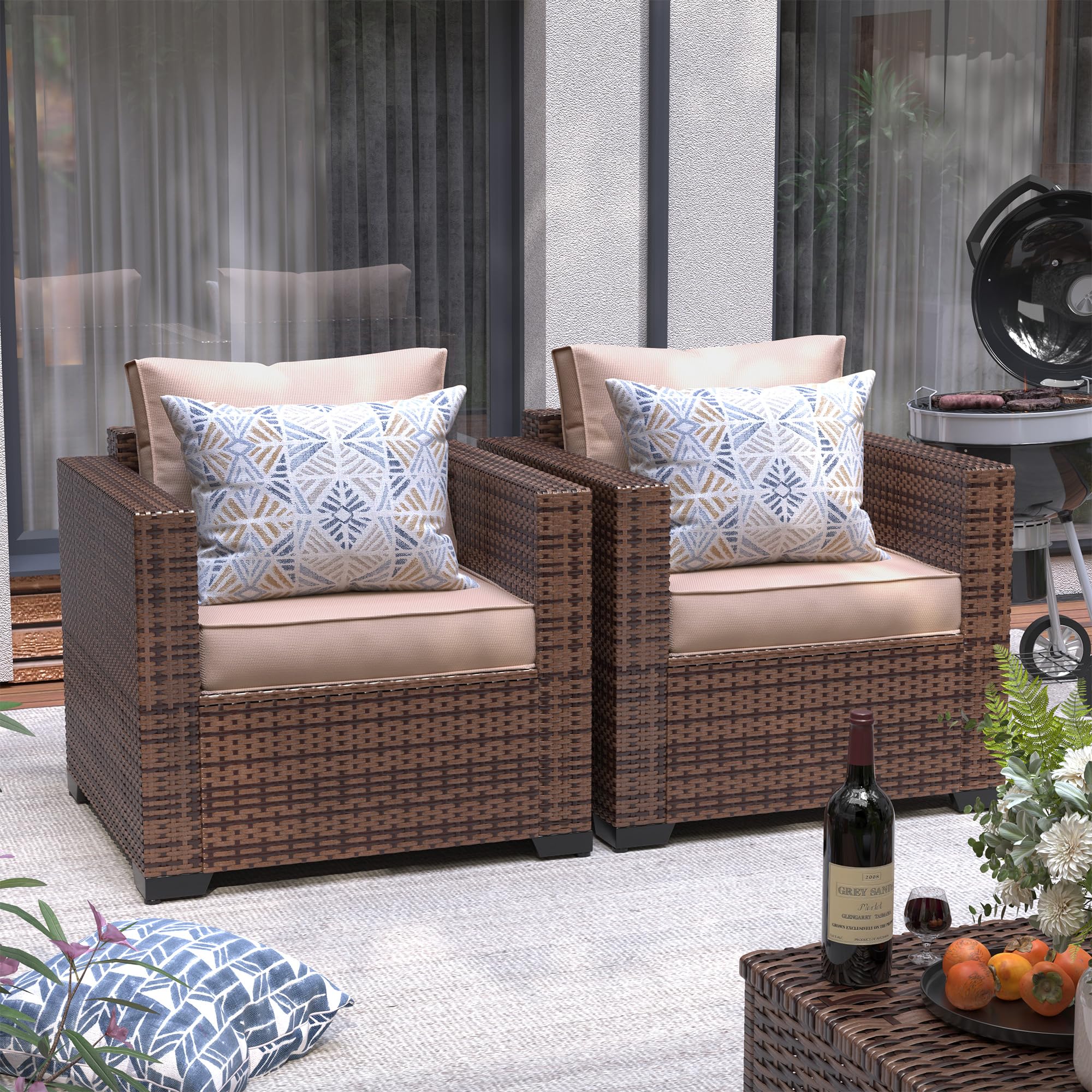 **UDPATIO All-Weather Wicker Single Sofa - Outdoor Rattan Sectional Couch with Non-Slip Cushion, Deep Seating & High Back - Khaki - Perfect for Patio, Garden, Poolside & Backyard Relaxation**