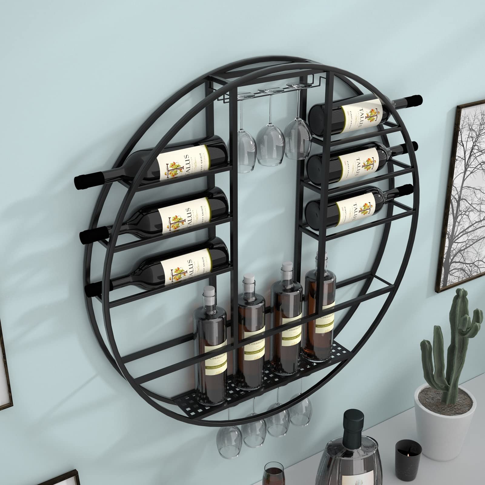 Metal Black Wall Mounted Round Wine Rack & Glass Holder - 90x11x90cm Bar Storage Shelf for Kitchen, Cellar Decor | Perfect for Home Bars, Restaurants & Wine Display