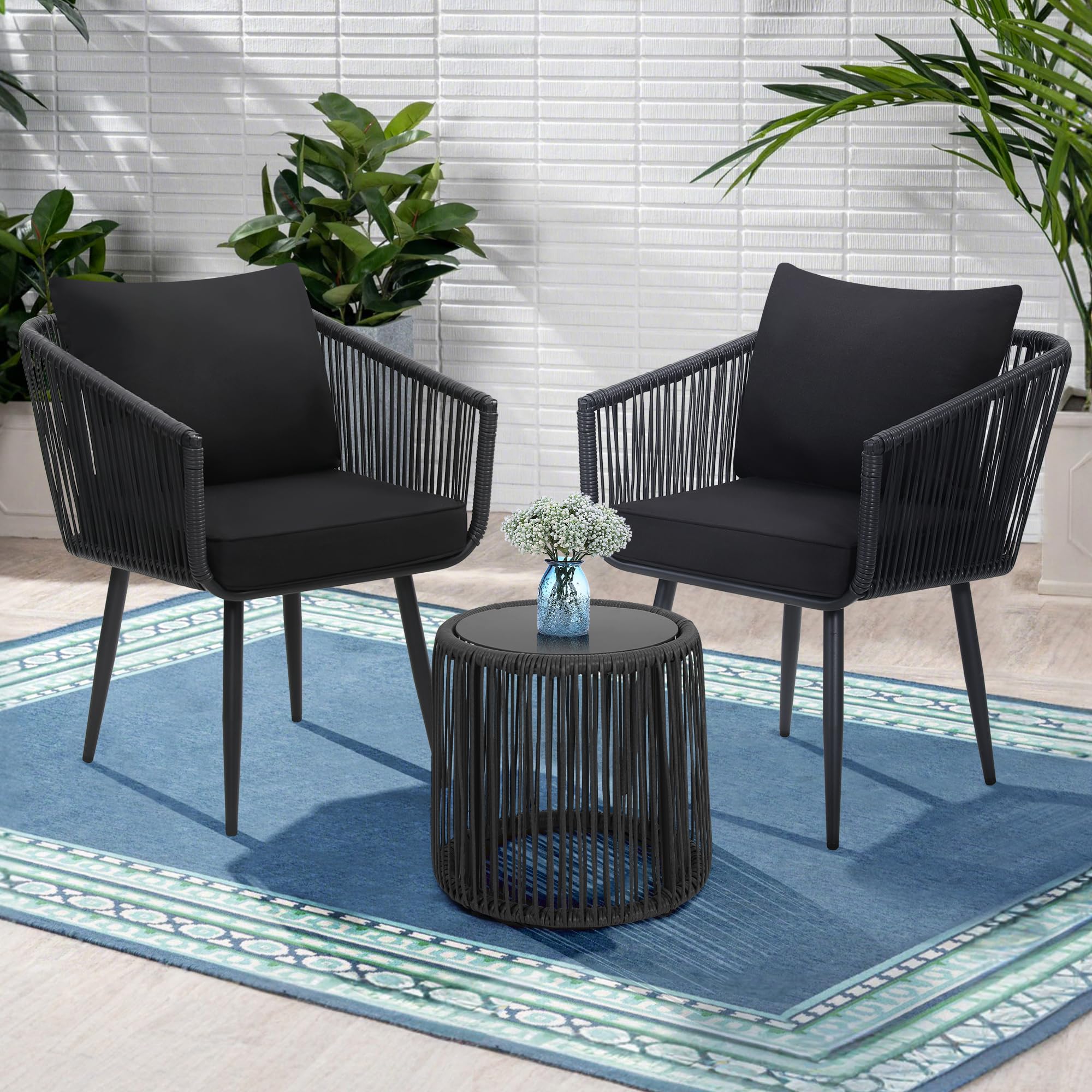 Kromax 3-Piece Patio Rattan Bistro Set - All-Weather Wicker Outdoor Furniture with 2 Chairs & Side Table - Perfect for Balcony, Porch, Backyard, Garden or Poolside - Black