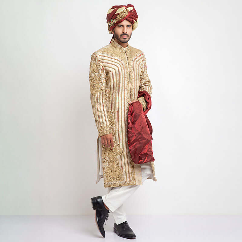Luxury Ivory Pure Jamavar Silk Sherwani for Men | Handcrafted Indian Wedding Attire | Perfect for Groom Outfits & Special Occasions