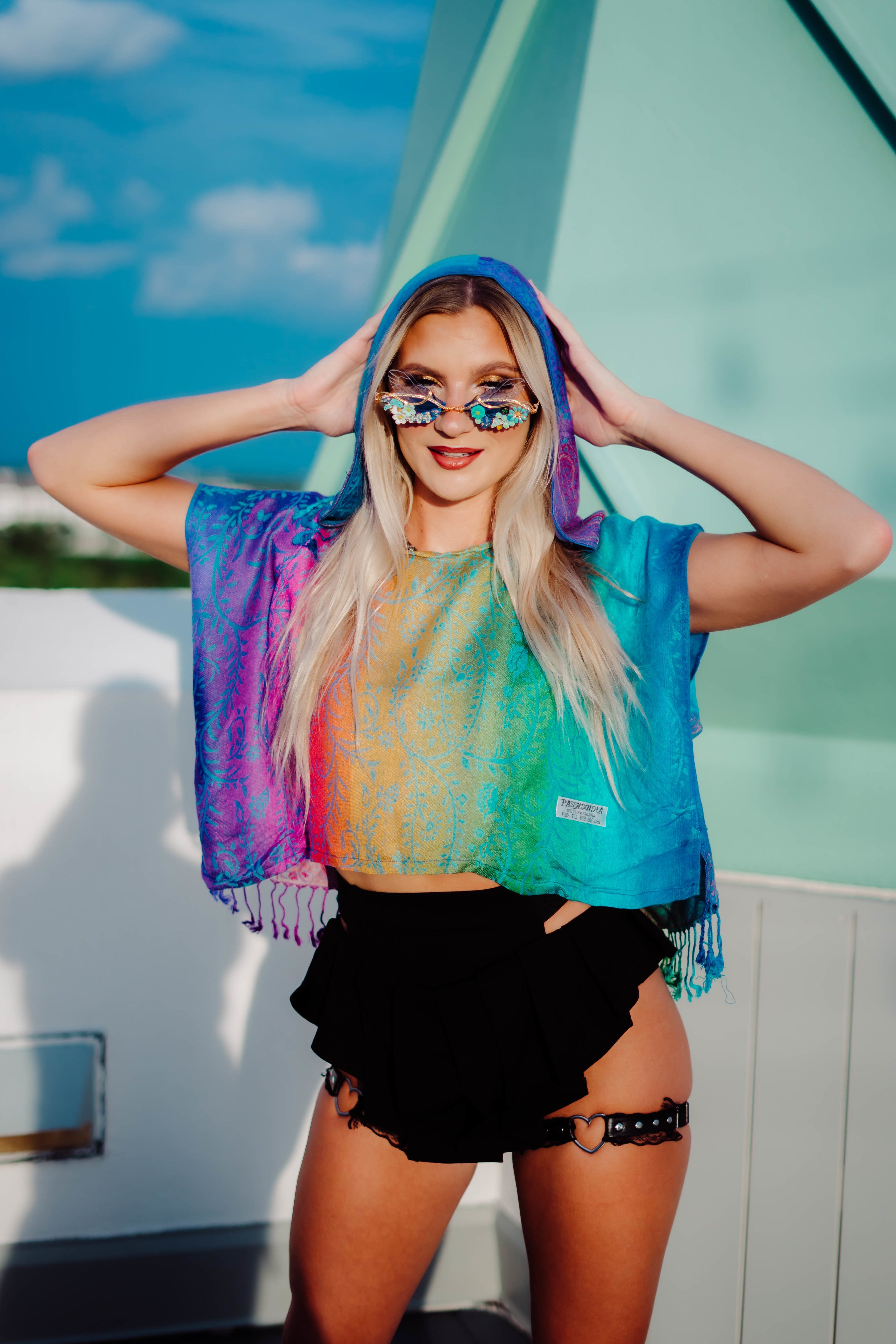 Rainbow Pashmina Hooded Crop Top for Women - Soft & Stylish Fashion Hoodie - Perfect for Casual Outfits, Layering, and Fall/Winter Wear