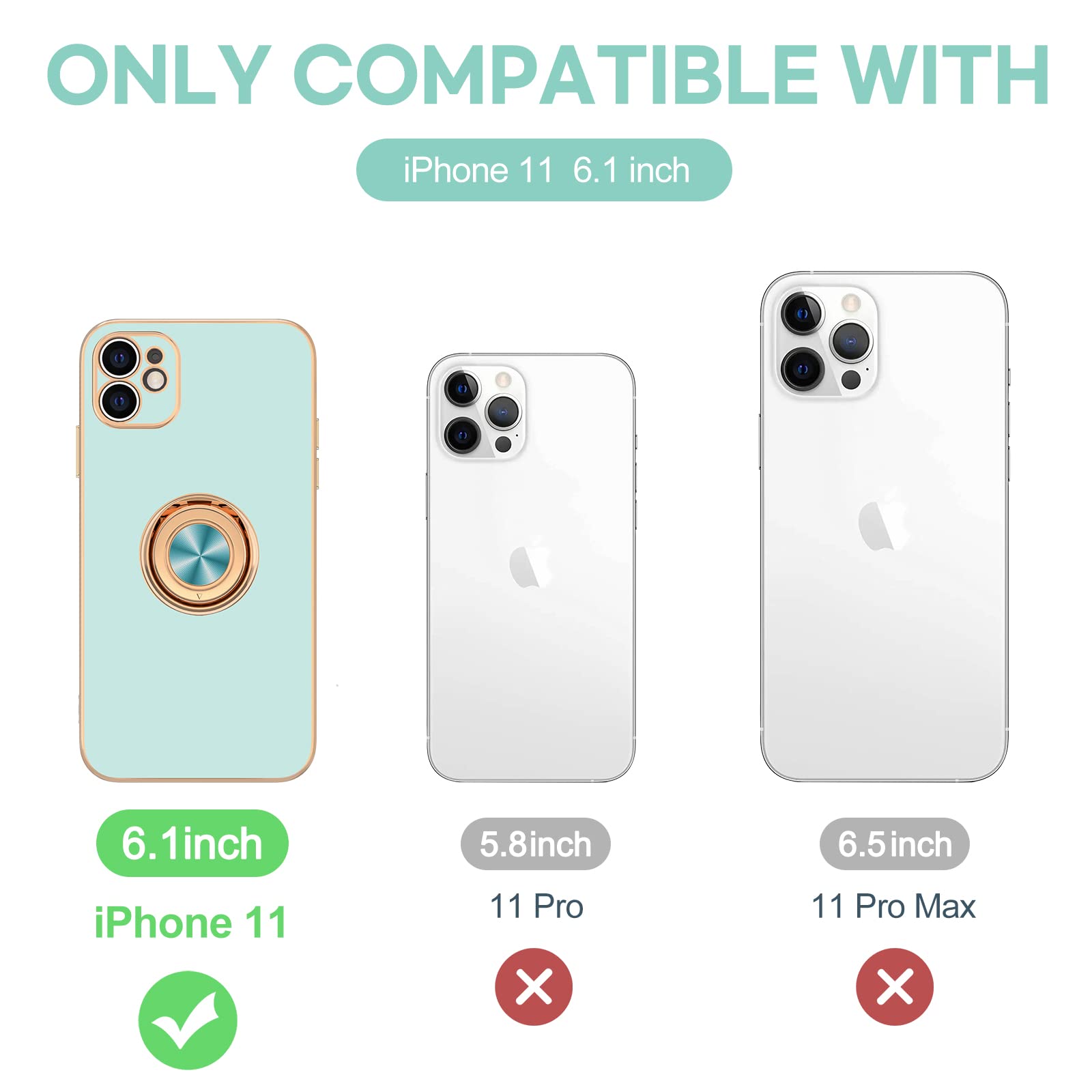 360° Rotatable Magnetic Ring Stand Case for iPhone 11 - Rose Gold Plated Edge, Slim Soft TPU Protective Cover for Women & Men | Perfect for Hands-Free Viewing, Secure Grip & Everyday Protection (Mint Green)