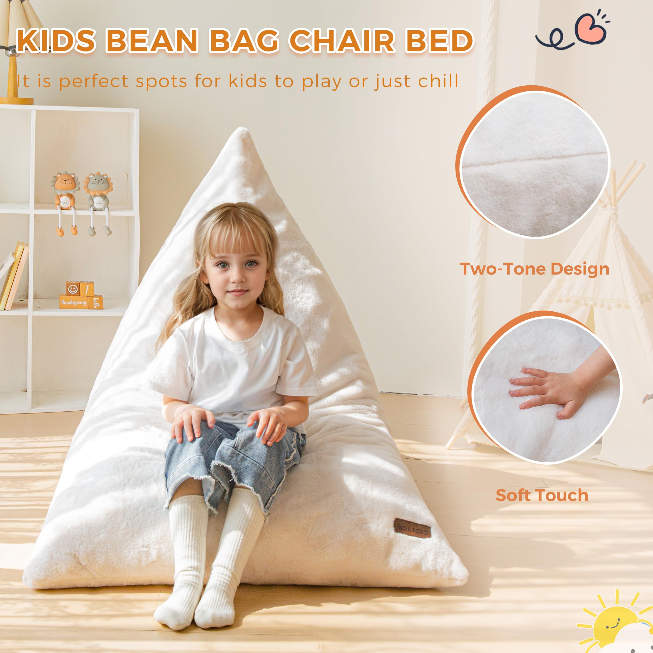 MAXYOYO Kids Bean Bag Chair with Handle - High Density Foam Floor Lounger for Boys & Girls - Soft White Kids Seating for Bedroom, Playroom & Reading Nook
