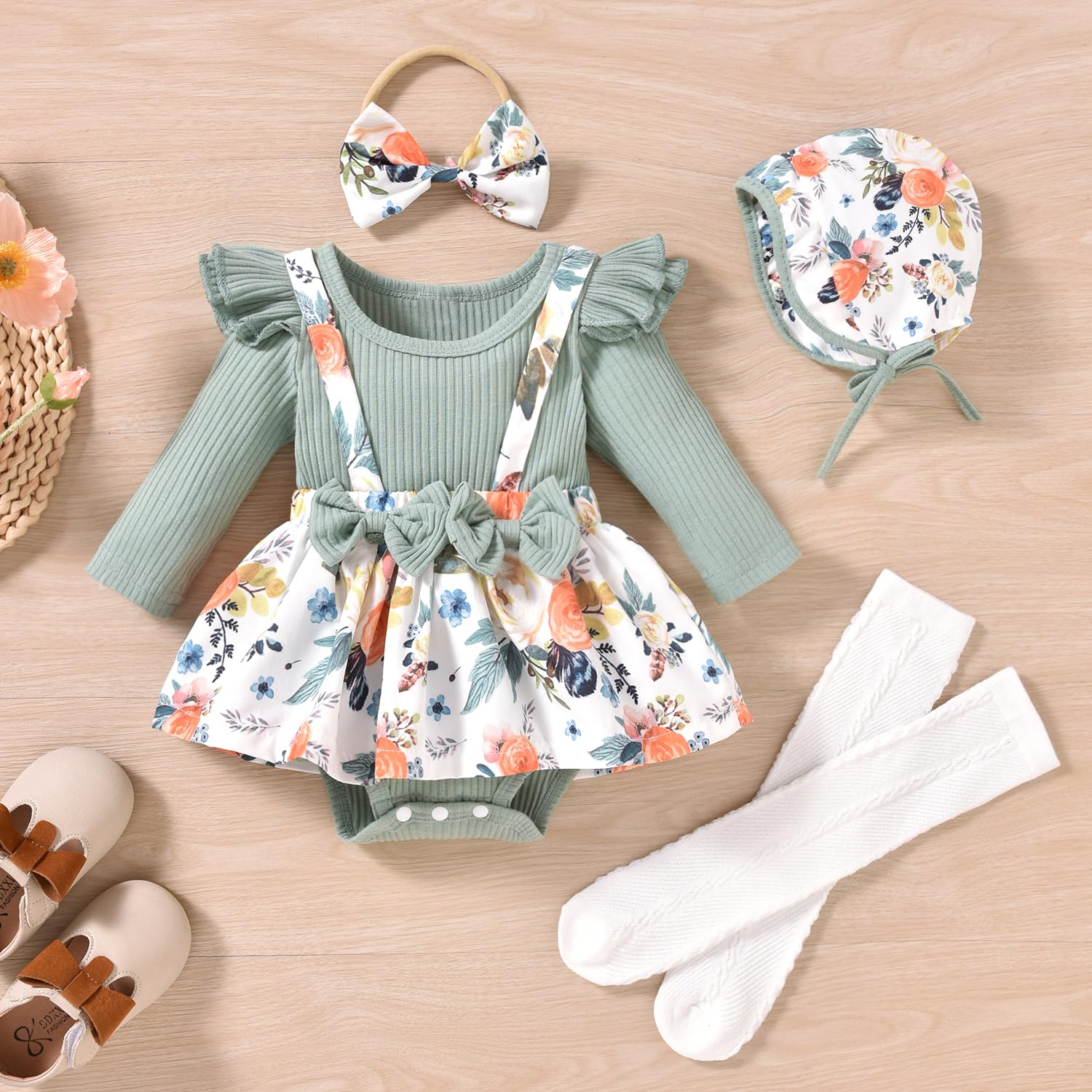 Unutiylo Preemie Newborn Baby Girl Clothes - Cute Ruffle Long Sleeve Romper Jumpsuit with Suspenders | Fall & Winter Outfits for Photoshoots, Holidays & Special Occasions