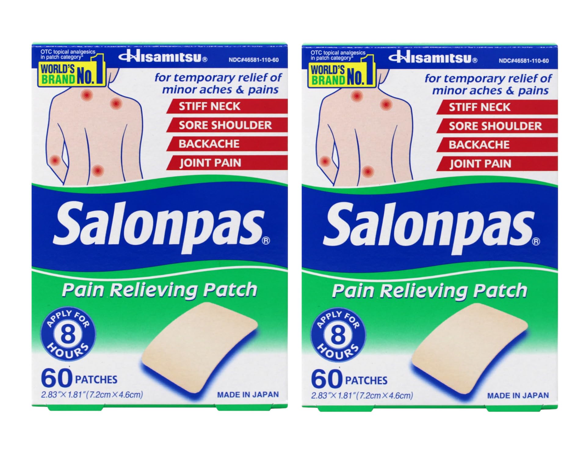Salonpas Pain Relieving Patch for Back, Neck, Shoulder & Knee Pain Relief - 8 Hour Fast-Acting Muscle Soreness Relief - 60 Count (Pack of 2) - Perfect for Workout Recovery, Arthritis & Chronic Pain Management