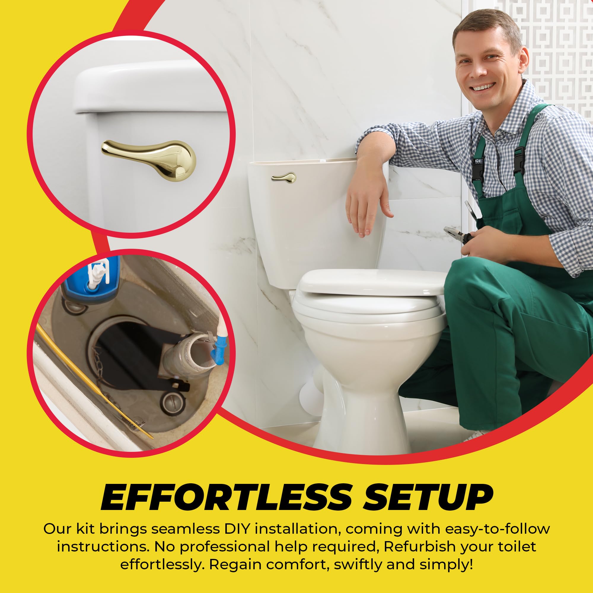 Qualihome Brass Polished Gold Toilet Handle Replacement Kit - 2 Inch Universal Toilet Flapper & Stainless Steel Chain - Perfect for Bathroom Renovation and DIY Toilet Repair