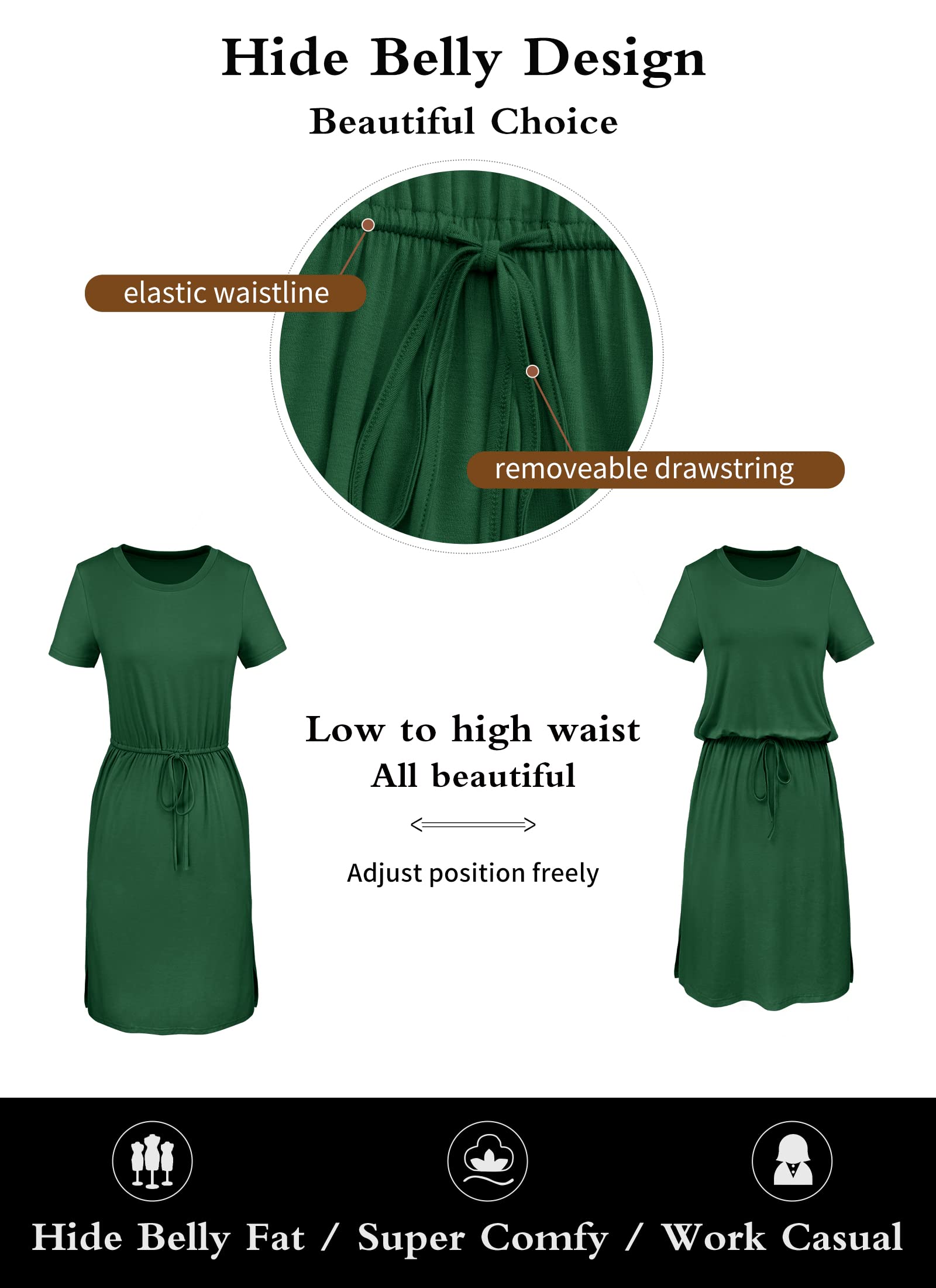 Women's Summer Travel Dress with Pockets - Knee Length Midi Dress for Work, Casual & Teacher Outfits | Hide Belly Short Sleeve Dress for Spring 2025 | Perfect for Office, Vacation & Everyday Wear
