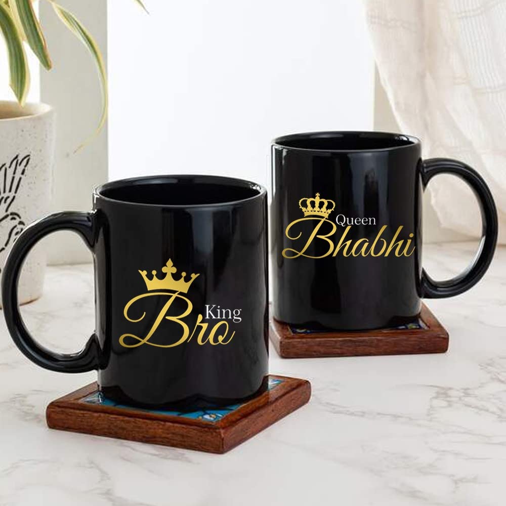 Premium King Bro Queen Bhabhi Printed Black Ceramic Tea & Coffee Mug Set of 2 - Perfect Rakhi Anniversary Gift for Brother, Bhaiya & Sister-in-Law - Ideal for Tea Time, Office Use & Family Celebrations