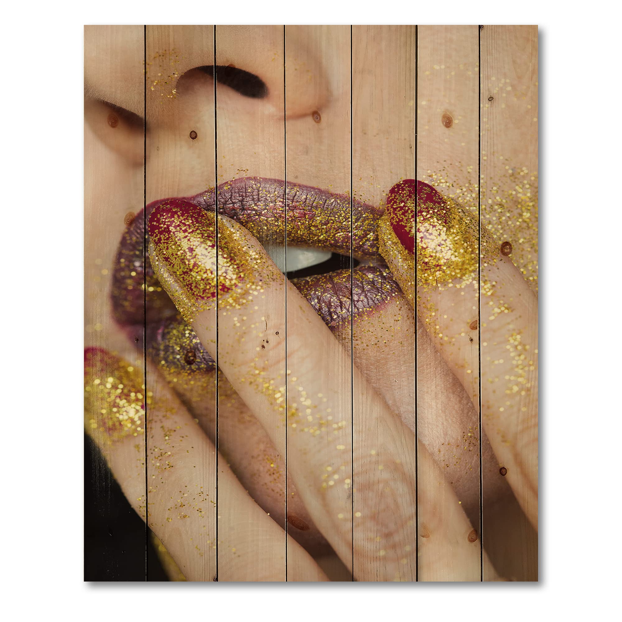 Golden Glitter Lipstick Wood Wall Art - Modern Pine Decor for Living Room