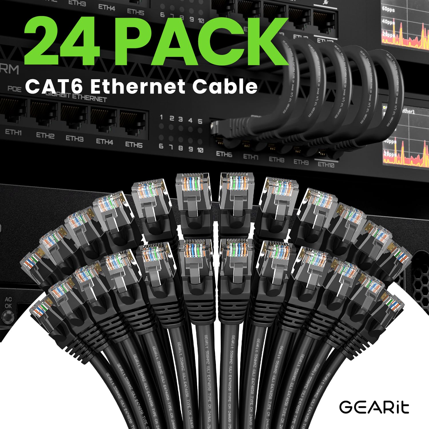 GEARit Cat 6 Ethernet Cable 24-Pack (7 Feet) - 10Gbps High-Speed Internet Cable, Snagless RJ45 Gold-Plated Connectors, Cat6 Network Patch Cord for PC, Laptop, TV, Router, Gaming, Home Office & Data Center - Black