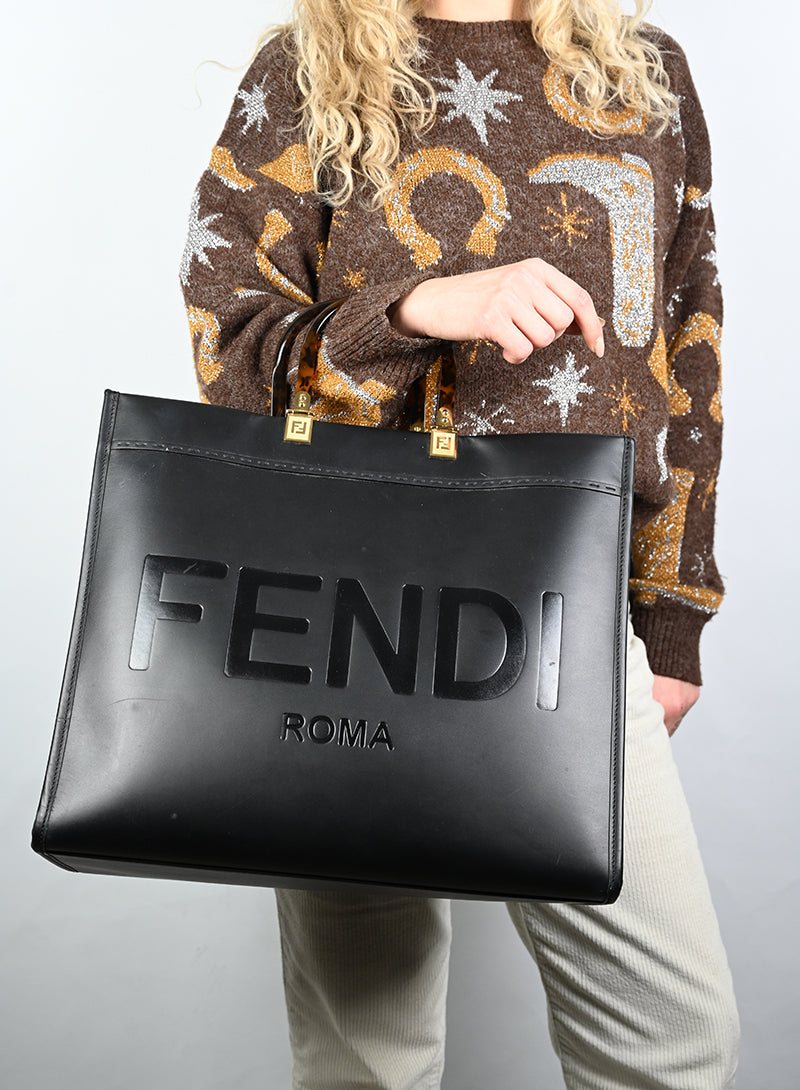 Fendi Black Leather Shopper Sunshine Tote Bag - Stylish & Spacious for Work, Travel & Everyday Use