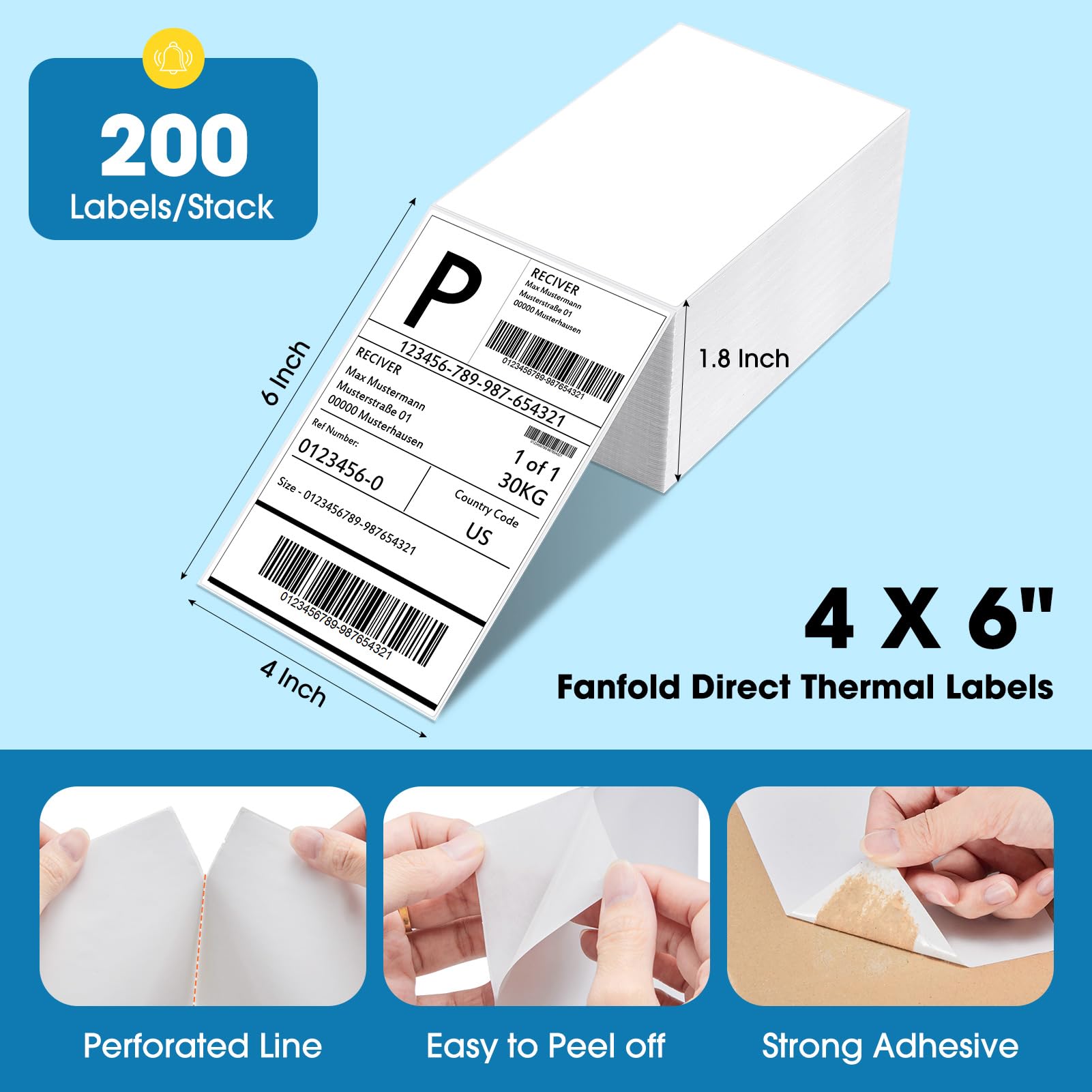 Fuxury 4x6 Thermal Shipping Labels - 200 Fanfold Labels with Perforated Edges & Strong Adhesive for Direct Thermal Printers | Perfect for USPS, UPS, FedEx & Amazon FBA Shipping | Ideal for E-commerce, Small Business & Home Office Mailing Needs