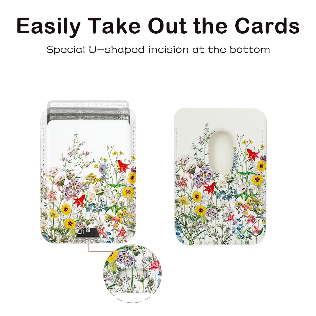 Magnetic MagSafe Wallet for iPhone 16/15/14/13/12 Pro Max/Plus/Mini - Detachable PU Leather Card Holder with Wildflowers Design | Slim RFID Blocking Wallet for Credit Cards & ID | Perfect for Travel, Shopping and Everyday Use