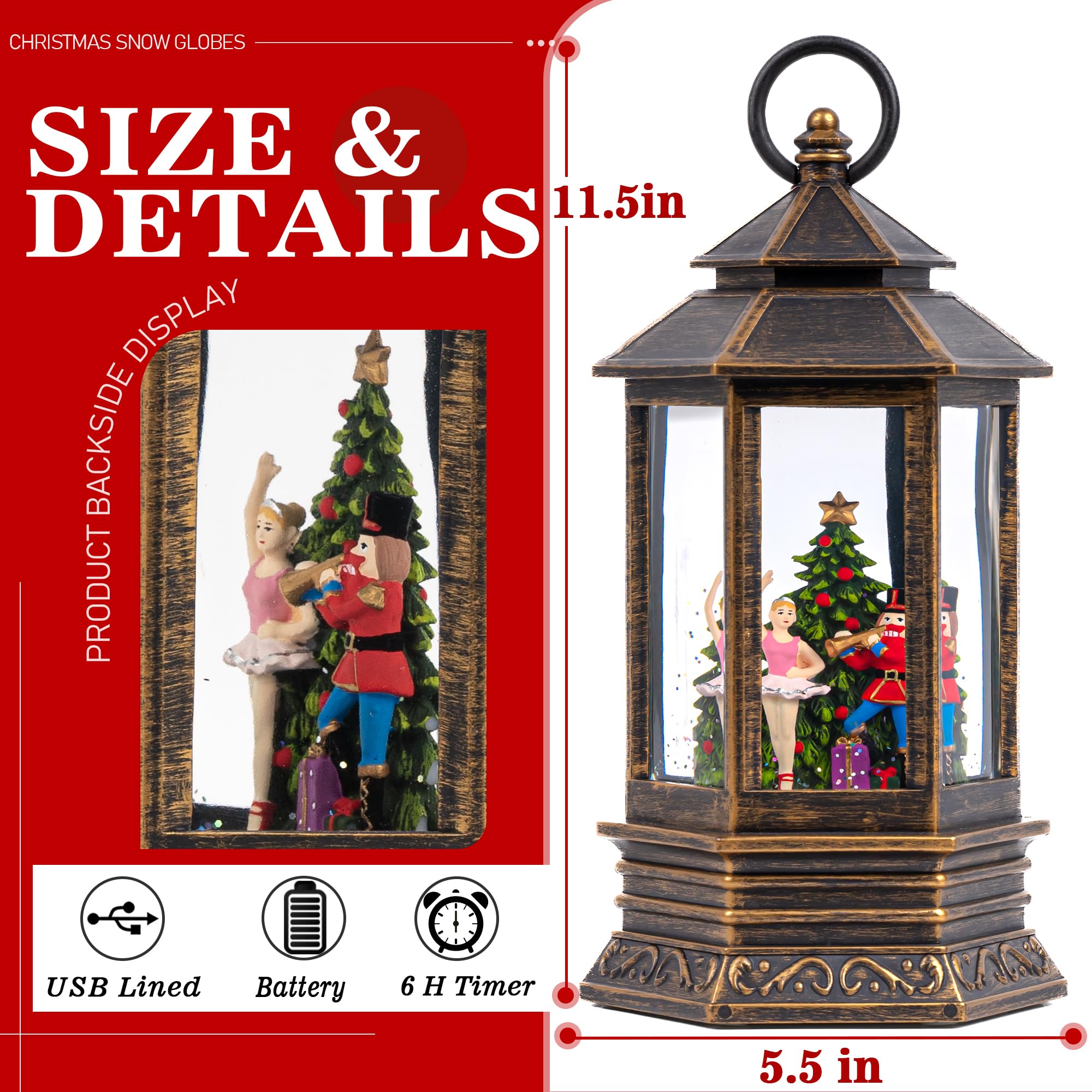 Christmas Nutcracker Snow Globe Lantern with Music & 6H Timer - USB/Battery Operated LED Walnut Soldier Decor for Holiday Home, Party & Gift Giving | Perfect for Mantel, Tabletop & Christmas Tree Decorations