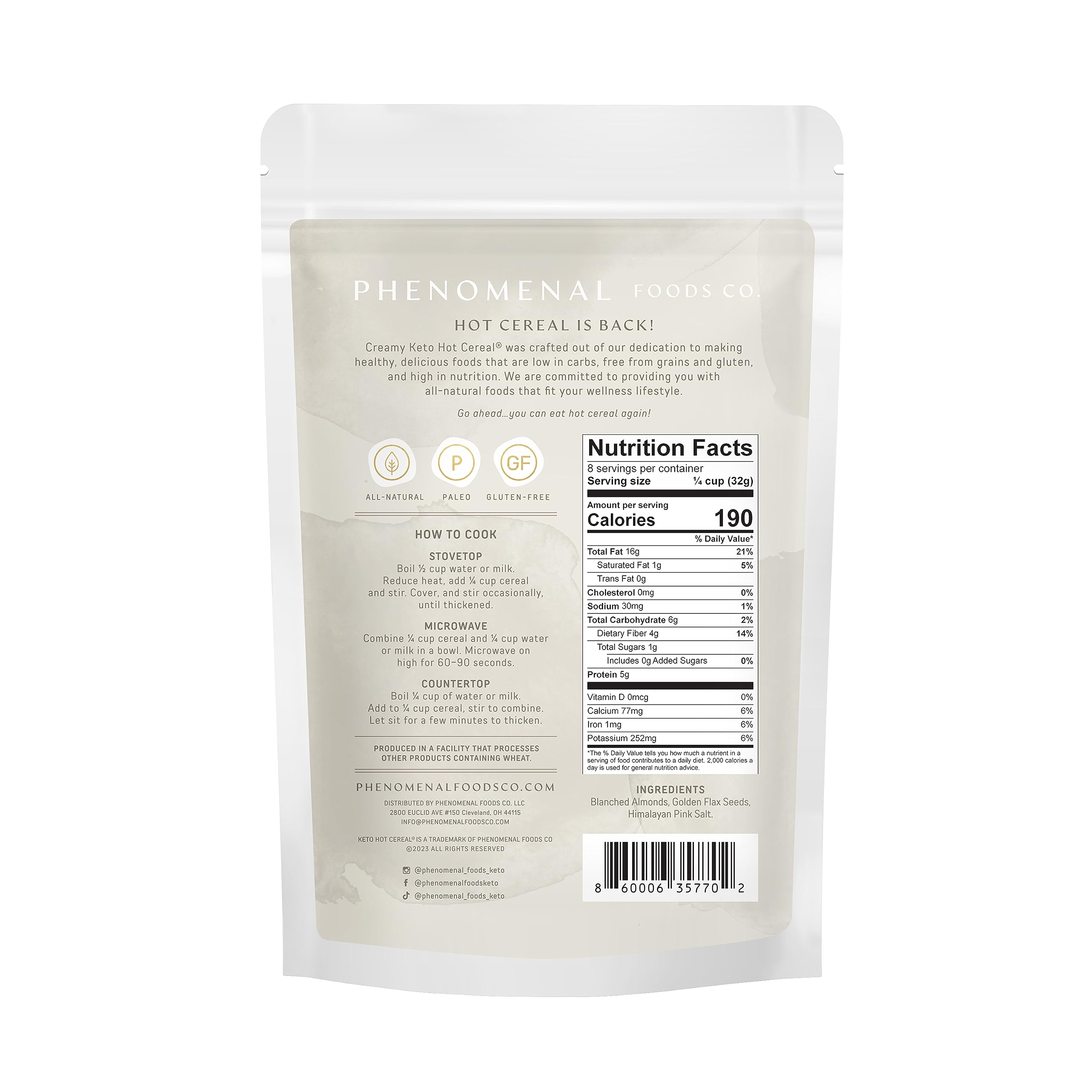 Phenomenal Foods Co Creamy Keto Hot Cereal® Original - Low Carb Farina - Unsweetened - Gluten Free & Grain Free - Paleo Friendly - Diabetic Safe - High Protein Vegan Breakfast Cereal for Weight Loss & Healthy Lifestyle | Perfect for Keto Diet, Busy Mornings & On-the-Go Nutrition