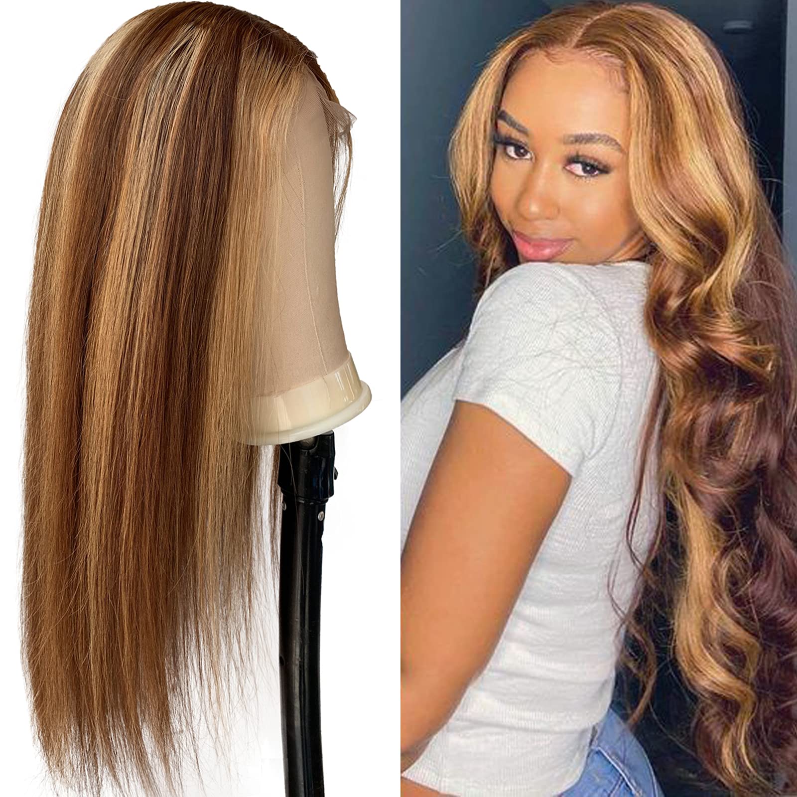 18 Inch Glueless Lace Front Wig Human Hair Straight Blonde Highlights with Brown Mixed Color 150% Density for Women | Natural Look for Daily Wear, Parties & Cosplay