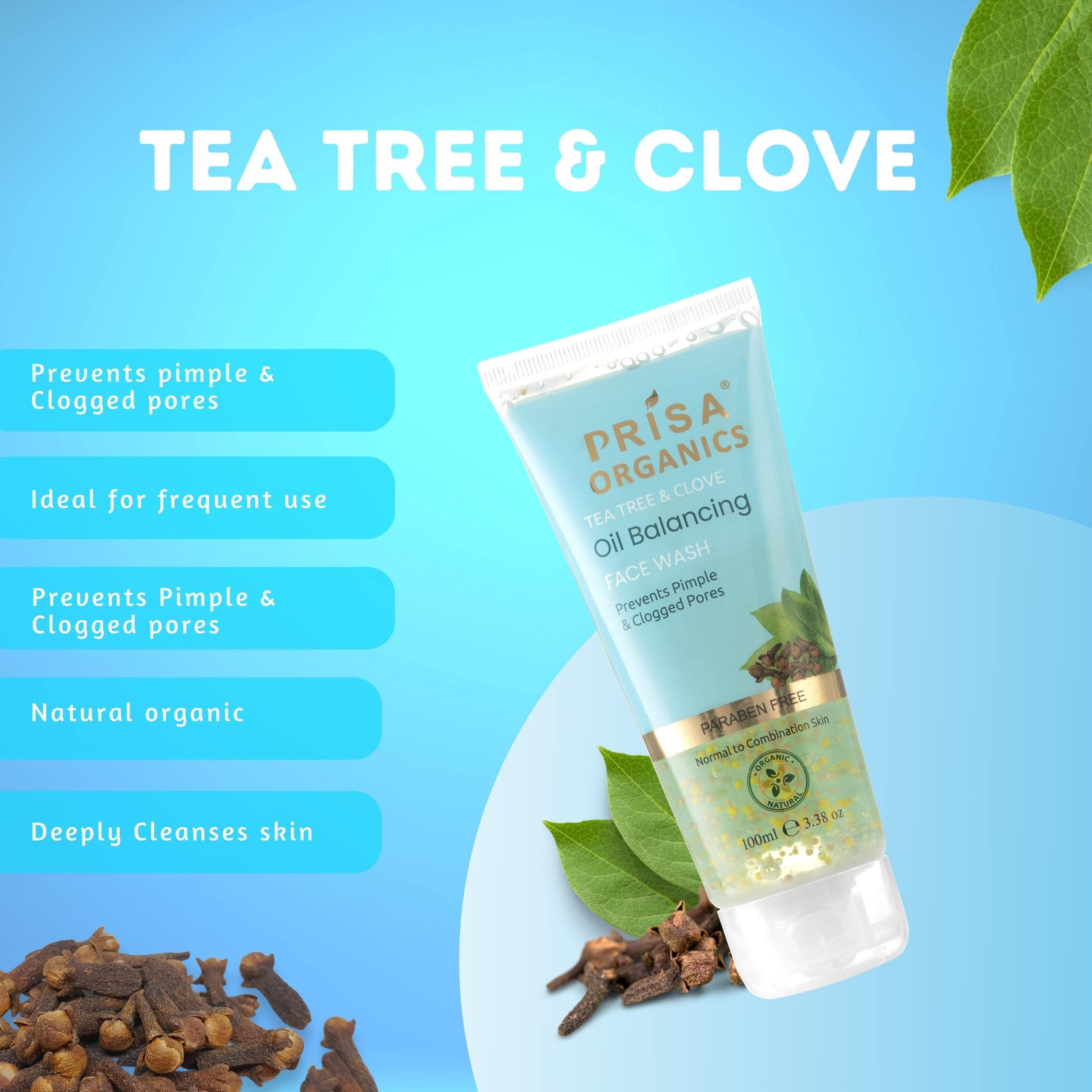 Prisa Organics Tea Tree & Clove Oil Balancing Face Wash for Oily & Sensitive Skin - 100ml | Anti-Bacterial Acne Treatment | Reduces Excess Oil & Prevents Breakouts | Gentle Daily Cleanser for Men & Women | Perfect for Morning & Night Skincare Routine