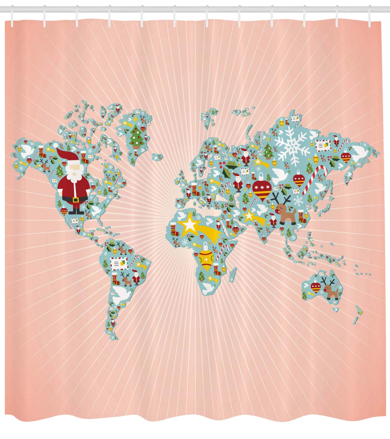 Ambesonne Christmas Shower Curtain - World Map Design with Holiday Ornaments & Santa Claus, 69x70 Inch Fabric Bathroom Decor with Hooks | Perfect for Xmas Bathroom Makeover, Holiday Gift & Festive Home Decor