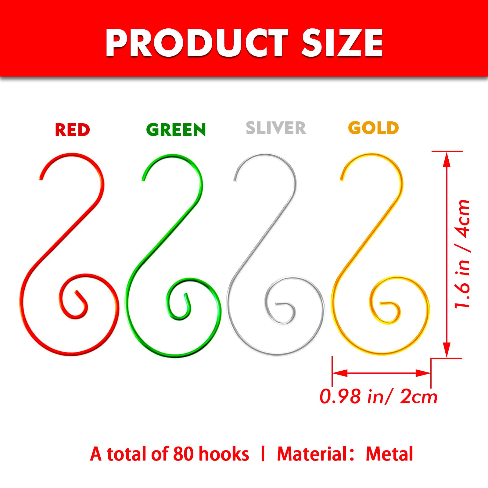Krilira 80pcs Christmas Ornament Hooks - Gold, Silver, Green, Red S-Hooks for Hanging Decorations | Durable Metal Wire Hangers for Tree Ornaments, Wreaths & Holiday Displays