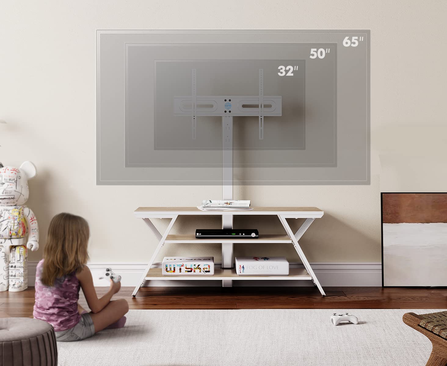 FITUEYES White TV Stand with Mount - 3 Tier TV Cabinet for 32-65 Inch TVs, Open Storage & Height Adjustable, Compatible with LCD/LED Flat/Curved Screens (Max VESA 600x400mm) - Perfect for Living Room, Bedroom & Home Theater Setup