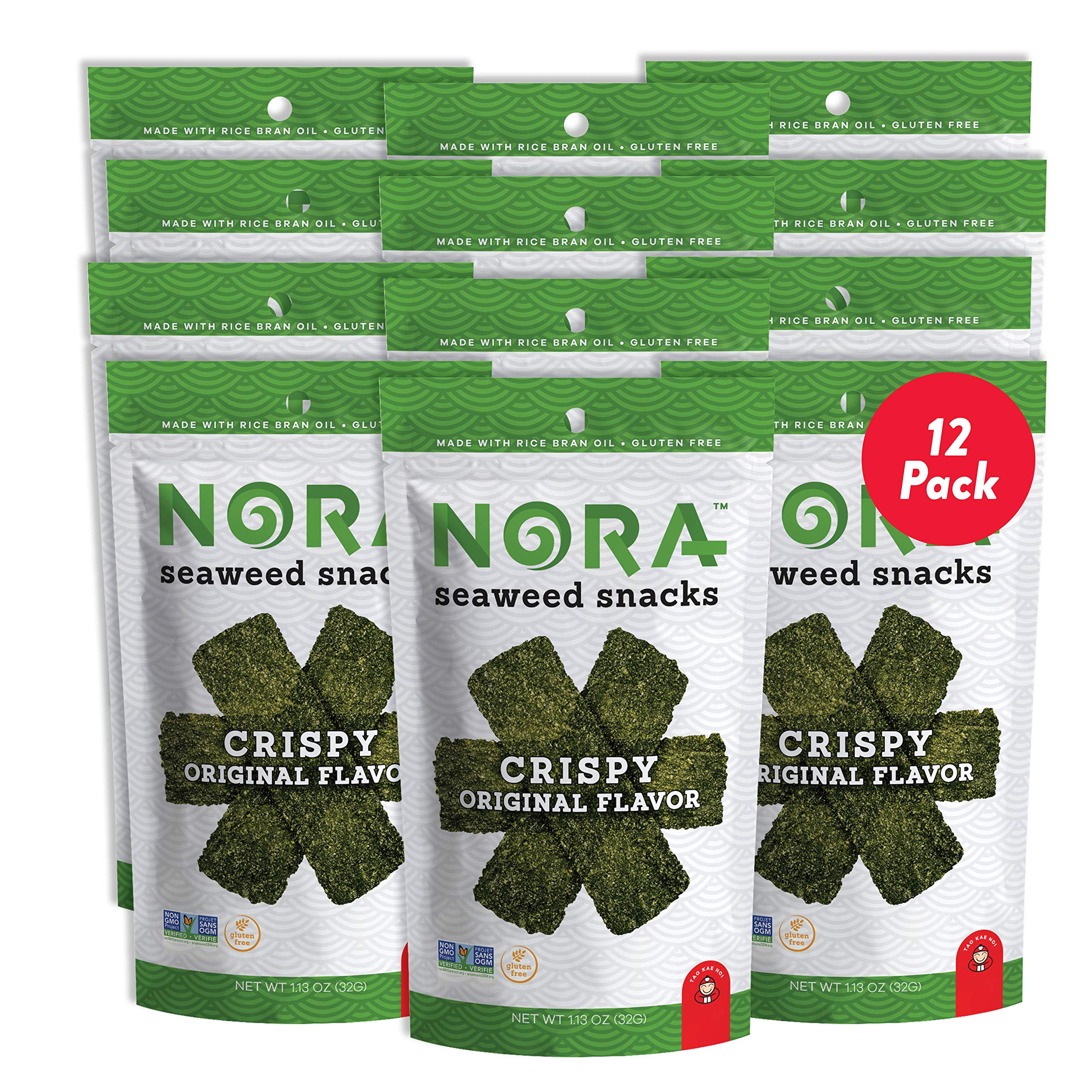 Crispy Seaweed Snacks by Nora | Low-Carb Healthy Snacks for Adults | Thick Nori Sheets Snack Strips | Vegan, Gluten-Free, Non-GMO Asian Snacks | 12-Pack | Perfect for Keto Diet, Office Snacking & Movie Nights