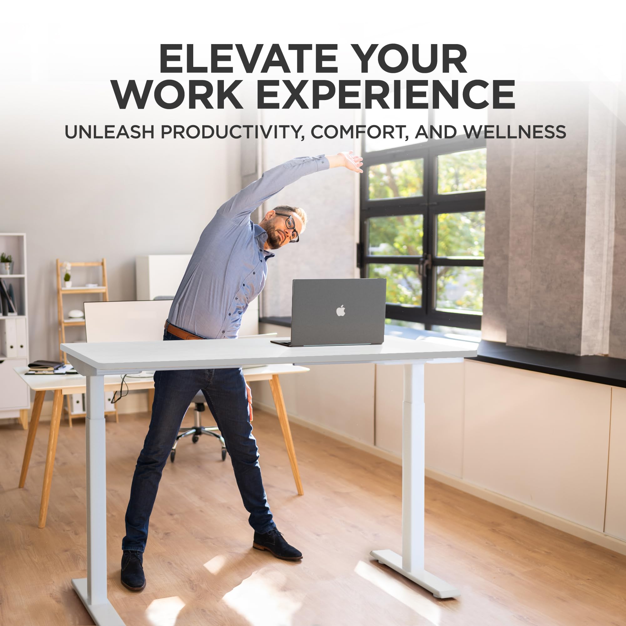Rise UP Electric Standing Desk - 60x30 Inch Adjustable Height Wooden White Desk with Dual Motor, Large Sit Stand Workstation for Home Office | Perfect for Remote Work, Gaming & Study