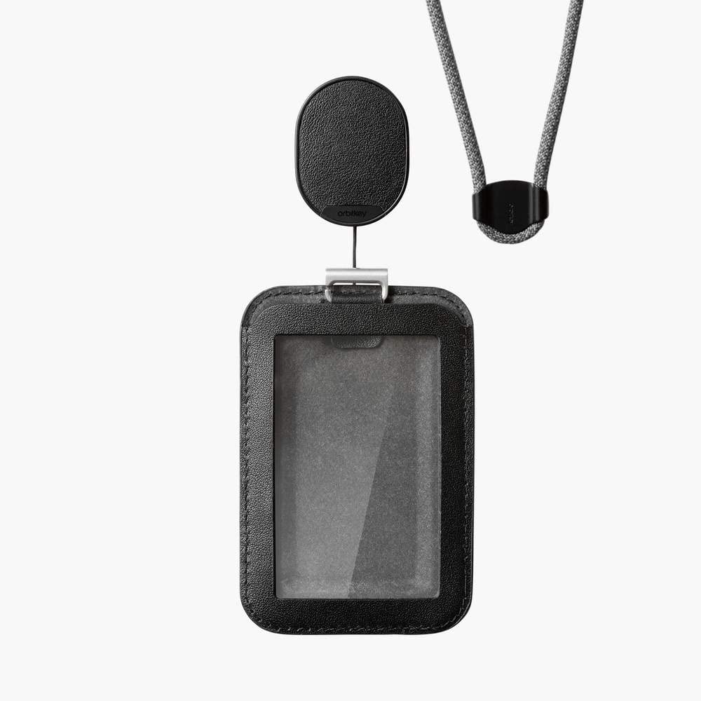 Orbitkey Pro ID Card Holder - Premium LWG-Certified Leather & Dyneema Cord - RFID Blocking for 1 Access Card + 2 Cards - Adjustable Orientation with Lanyard - Perfect for Office, Travel & Security Badges (Black)