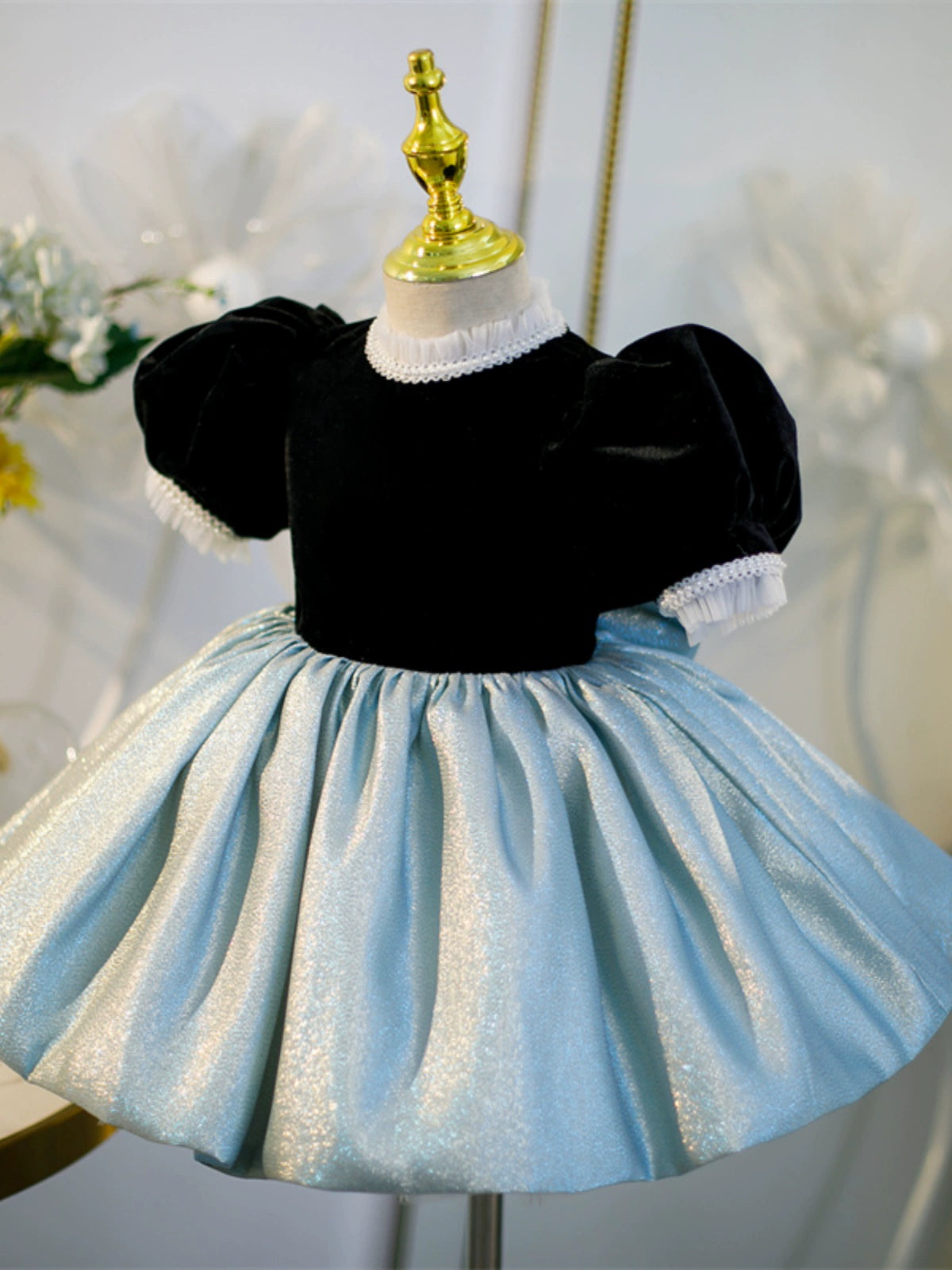 Black Satin Princess Mock Neck Flower Girl Dress for Weddings, Pageants & Special Occasions