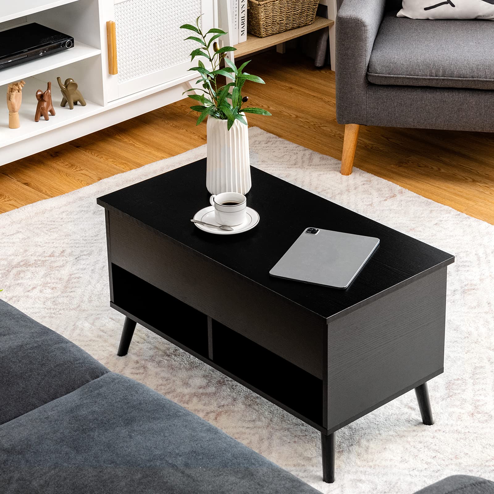 Tangkula Lift Top Coffee Table with Hidden Storage - Wooden Lift Tabletop Dining Table with 2 Open Shelves & Metal Hydraulic Lifting Device - 4 Pine Legs - Modern Rising Tabletop Center Table for Living Room, Office, or Small Space