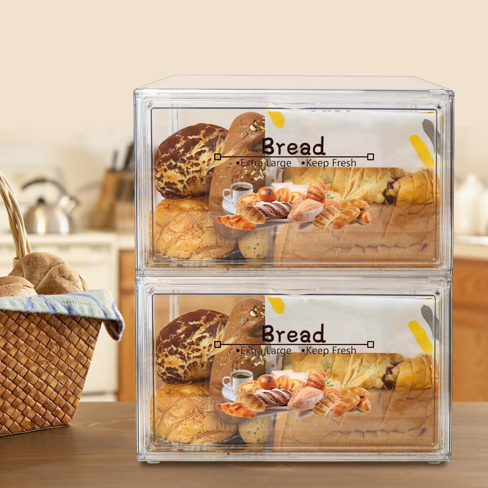RISICULIS 2-Piece Large Clear Bread Storage Box Set - Stackable Double Layer Kitchen Countertop Organizer for Homemade Bread, Bagels, Muffins & Rolls | Perfect for Baking, Meal Prep & Pantry Organization