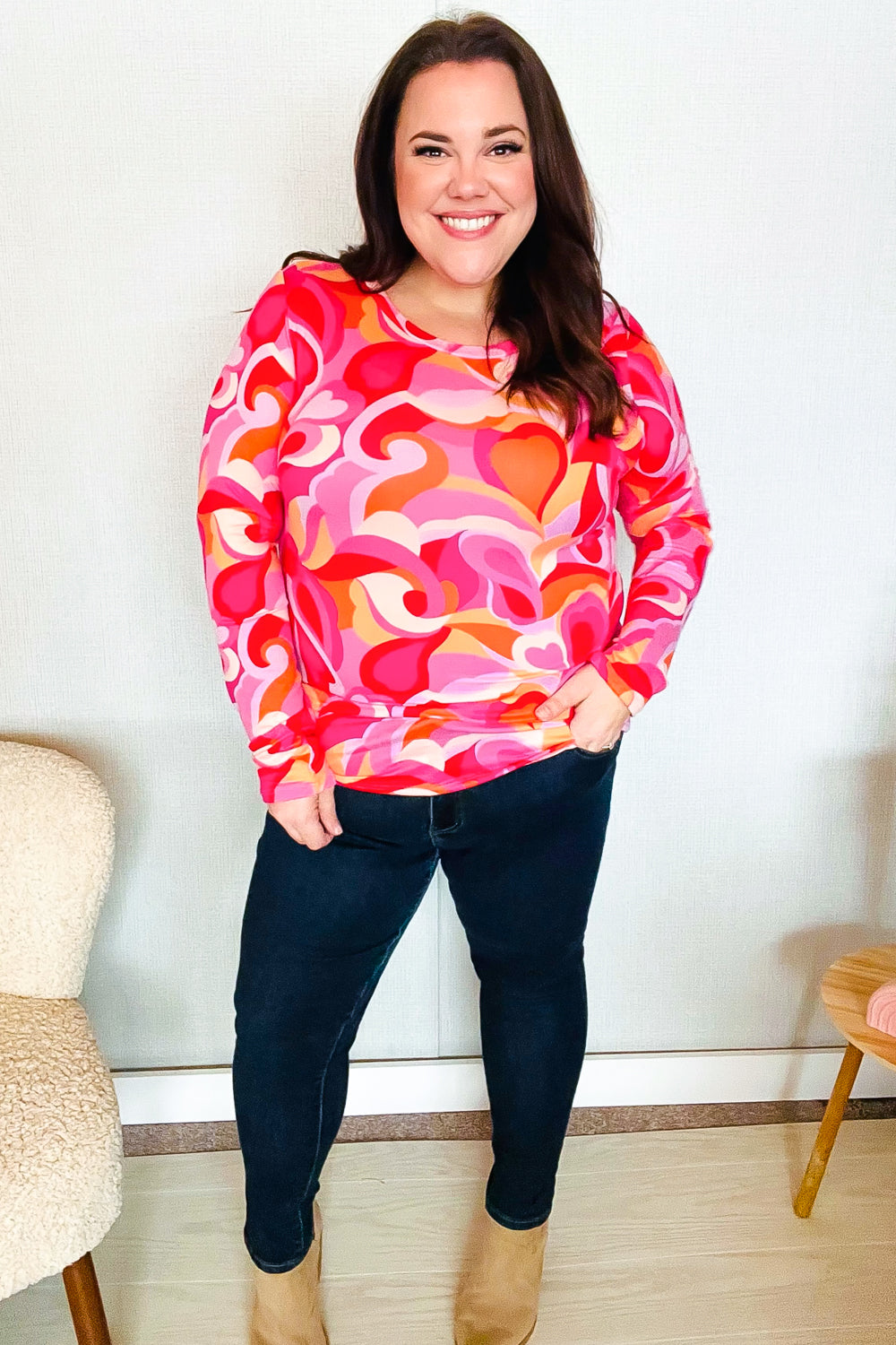 Red & Pink Floral Print Soft Knit Top for Women - Buttery Smooth Fitted Blouse for Date Night & Romantic Outfits
