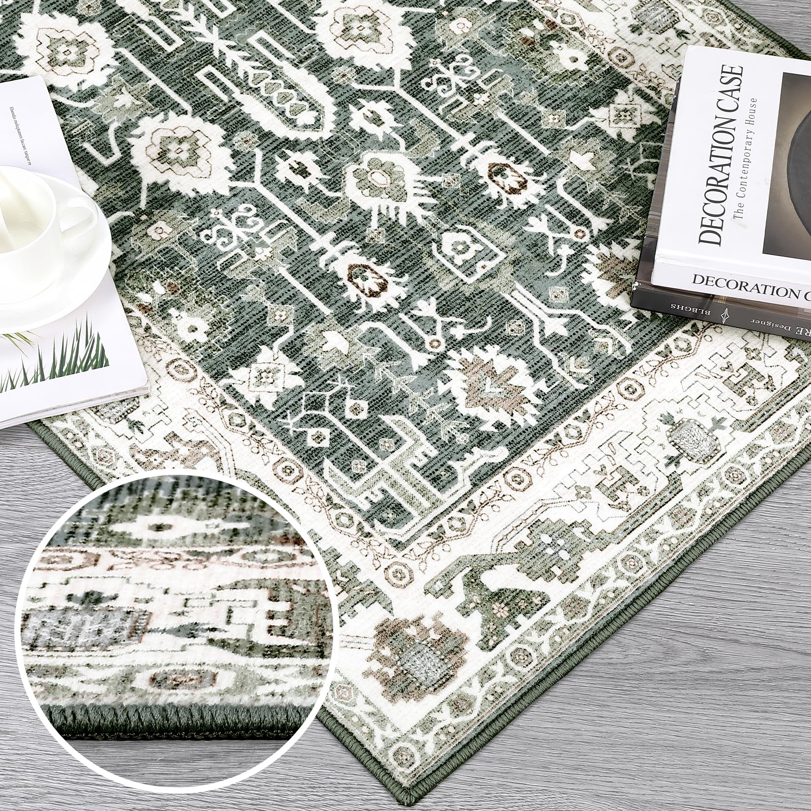 GARVEE 4'x6' Washable Moroccan Boho Area Rug - Non-Slip Low Profile Bohemian Carpet for Living Room, Bedroom & Dorm Decor