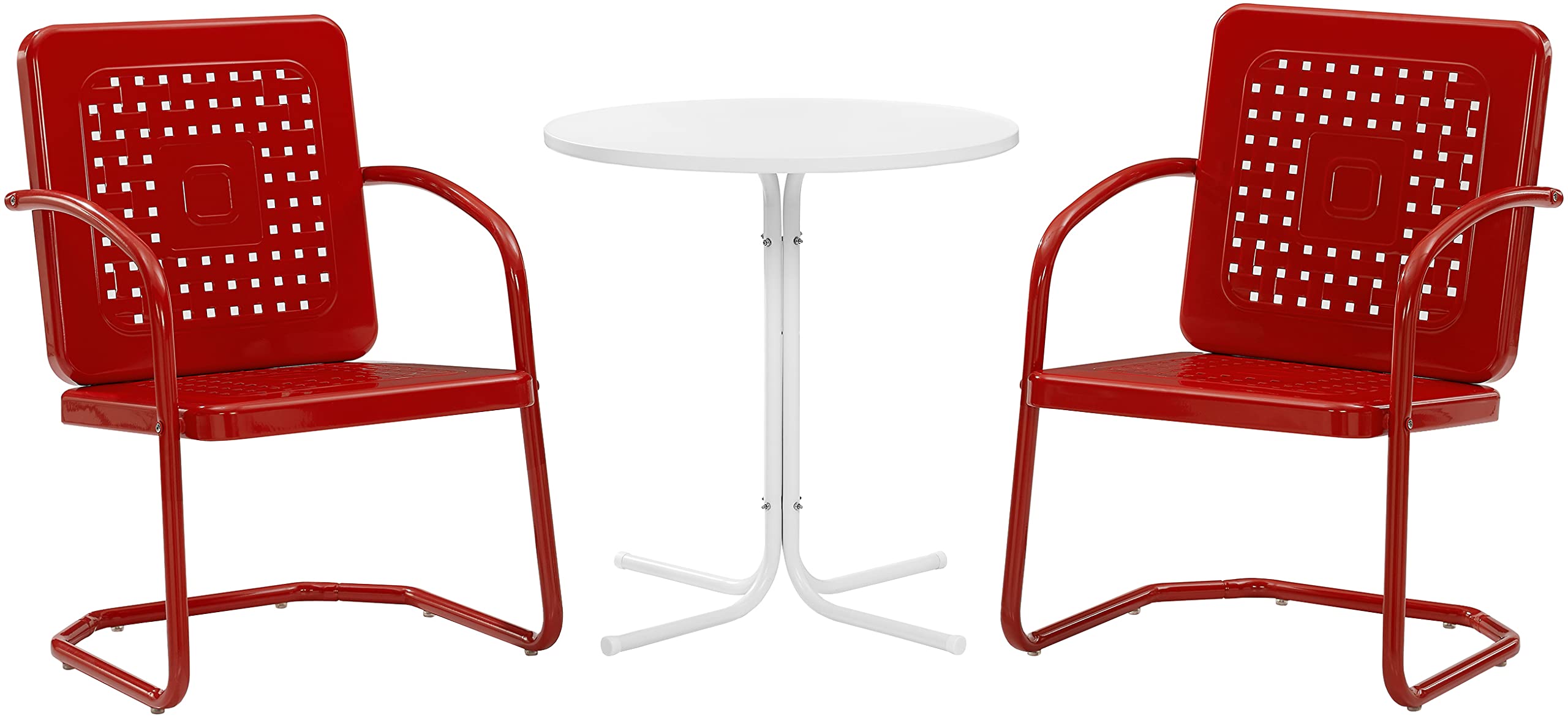 Crosley Furniture Bates 3-Piece Outdoor Bistro Set - Retro Metal Patio Dining Table and Chairs in Bright Red Gloss & White Satin for Garden, Porch, Backyard & Outdoor Entertaining