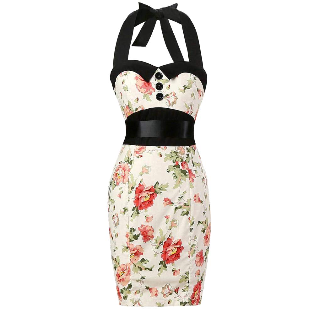 Vintage Halter Sheath Dress for Women - 50s Pin Up Rockabilly Backless Bodycon Dress | Perfect for Retro Parties, Date Nights & Rockabilly Events