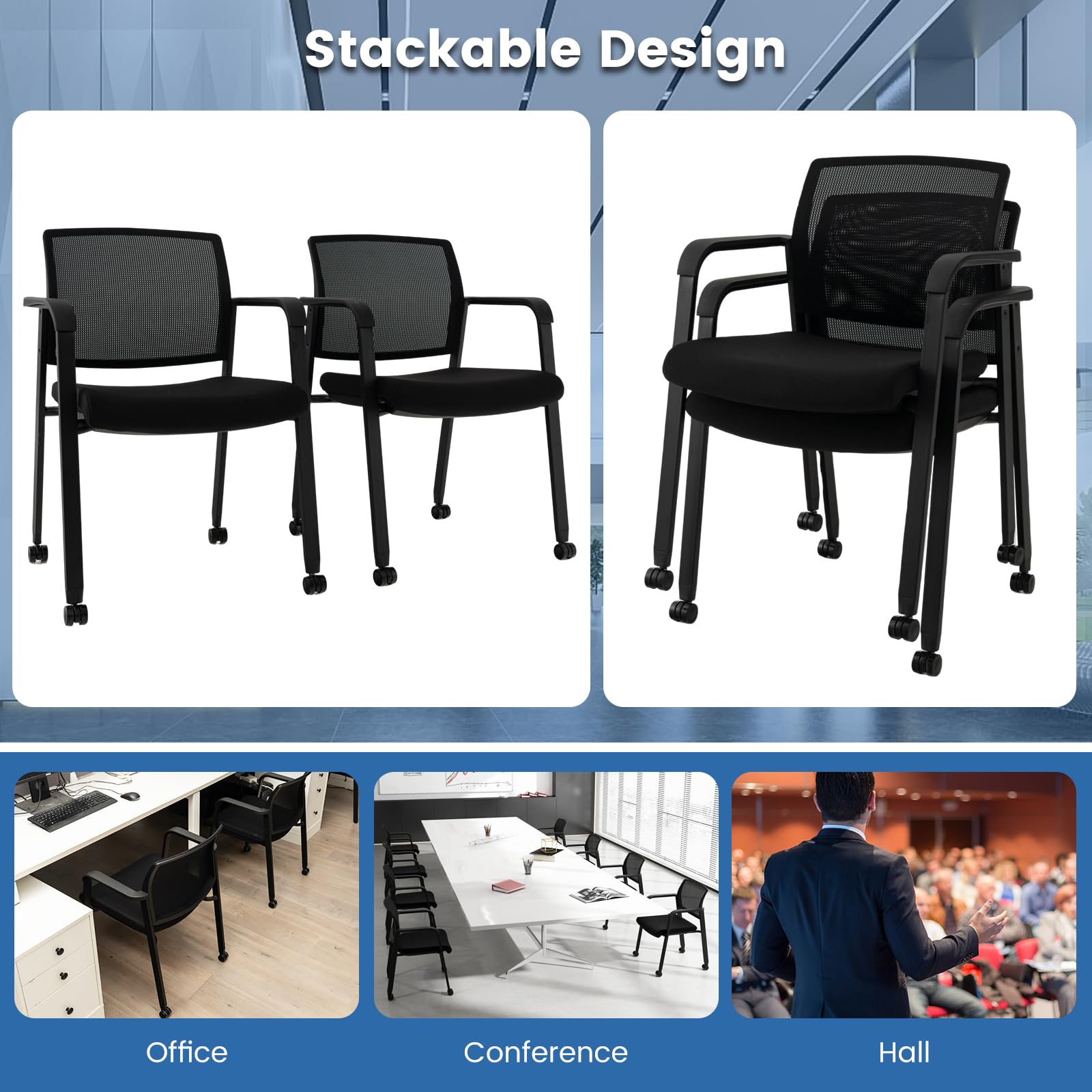 Tangkula 2-Pack Rolling Conference Room Chairs - Stackable Office Guest Chairs with Breathable Mesh Back, Adjustable Armrests & Smooth PU Wheels - Perfect for Business Meetings, School Classrooms, Hotel Lobbies & Waiting Areas - Black