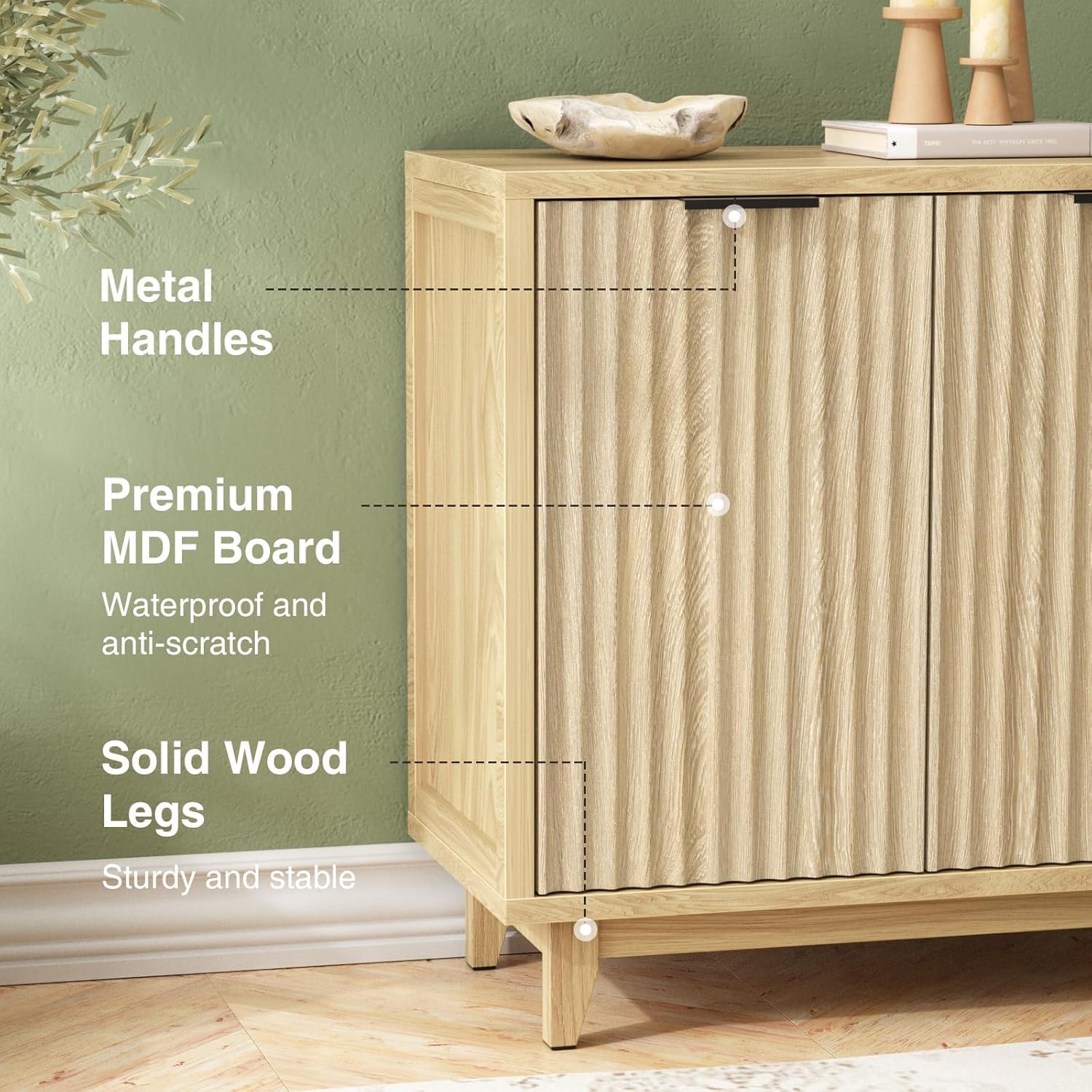 Mid Century Modern Fluted Sideboard Buffet Cabinet with 2 Doors & Adjustable Shelves - Multifunctional Storage Console Table for Living Room, Kitchen, Entryway - Perfect for Dining Room Storage, Hallway Organization & Home Decor