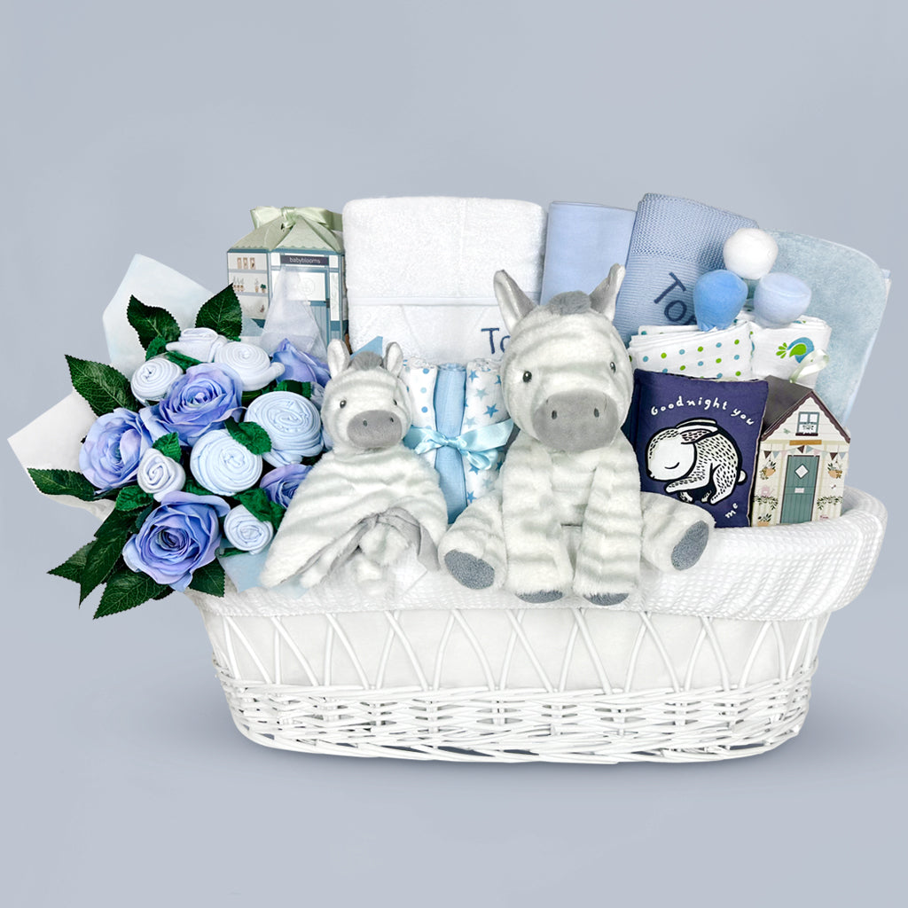 Personalized Zachary Zebra Moses Basket Baby Hamper - Soft Blue Cotton Baby Shower Gift for Newborns, Perfect for Nursery Decor & Christening Presents