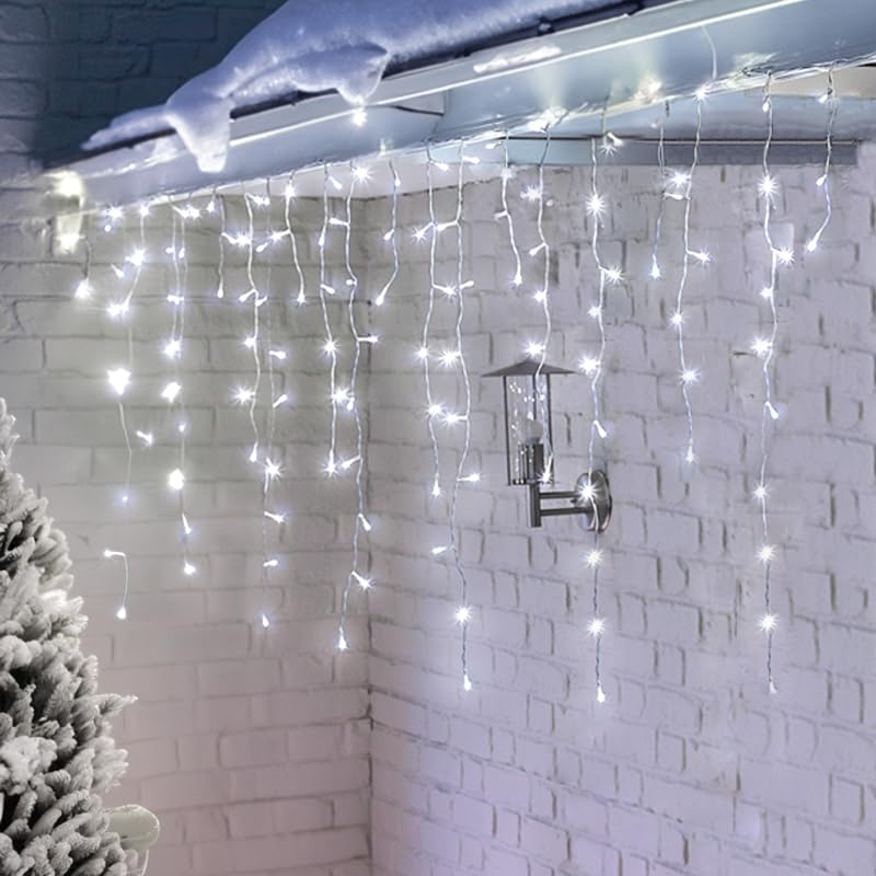 YOLIGHT 33ft 384 LED Icicle Christmas Lights with 72 Drops - Outdoor Waterproof Fairy Lights with Remote Control, 8 Lighting Modes for Window Curtain Decor - Perfect for Wedding, Party, Home, Garden, Roof & Holiday Decorations (White)