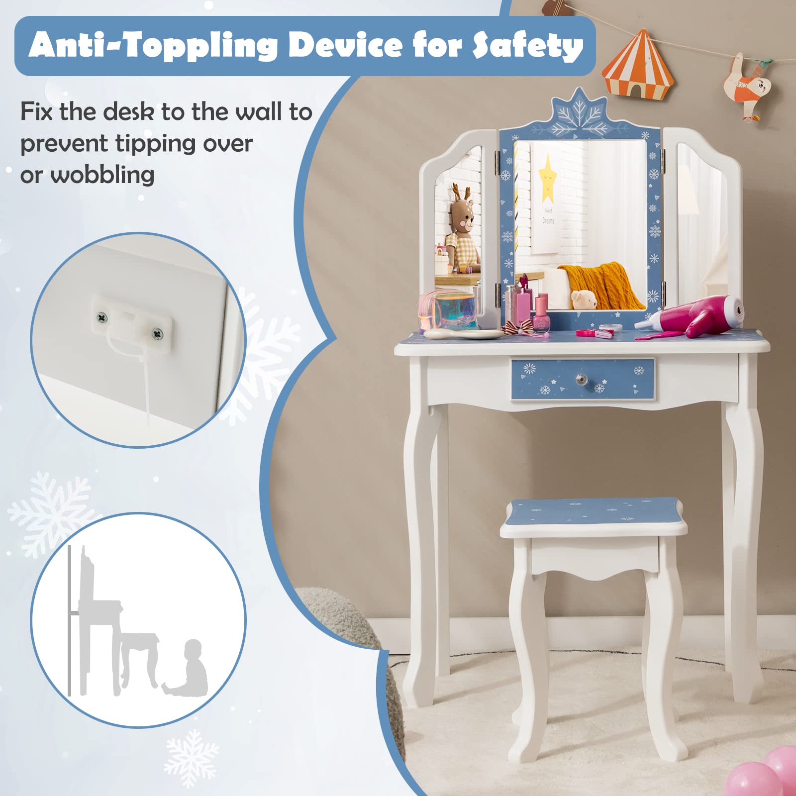 Honey Joy Kids Vanity Set - Princess Makeup Table with Mirror & Stool for Girls Bedroom (Blue) - Perfect for Dress-Up & Pretend Play
