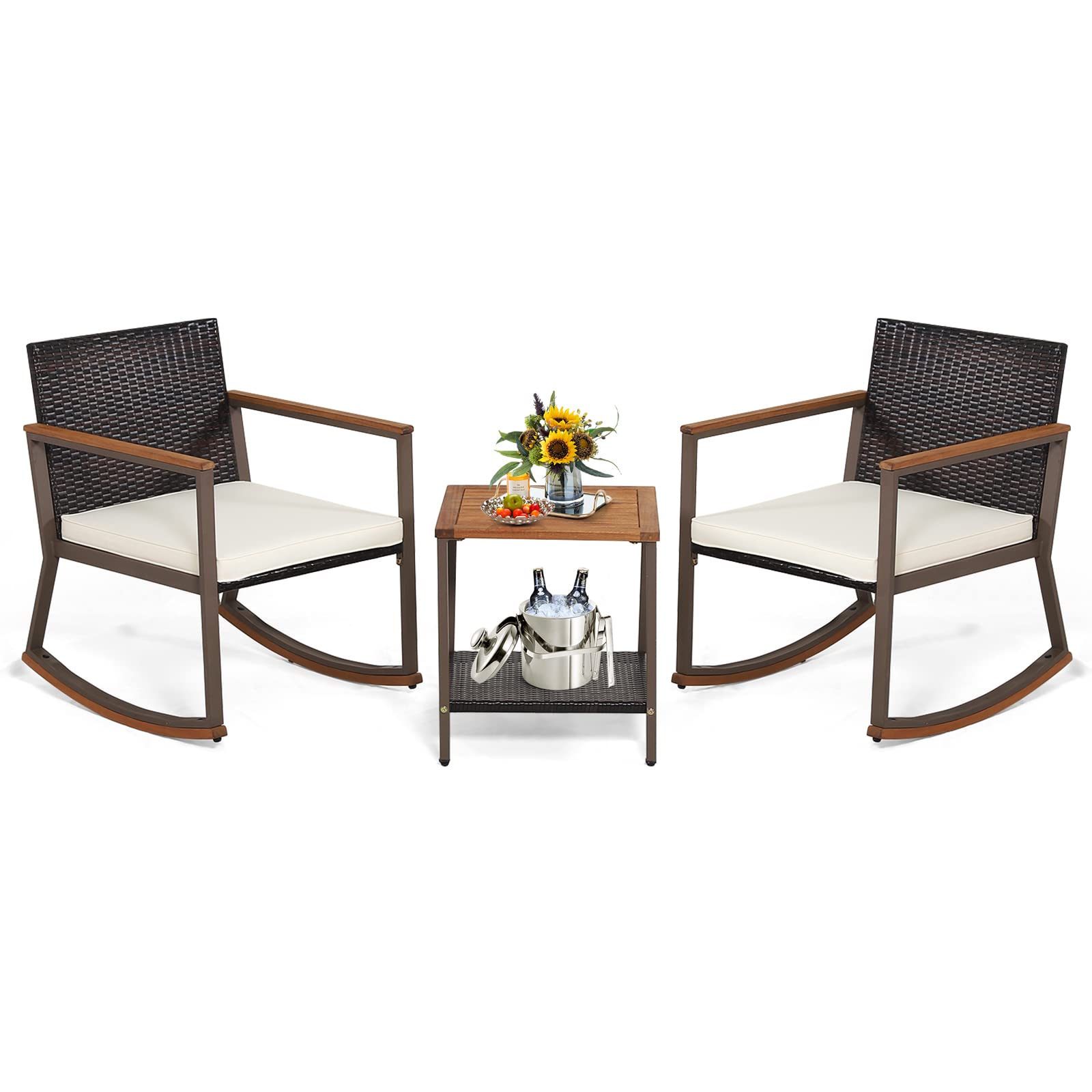 Tangkula 3-Piece Outdoor Rocking Bistro Set with Coffee Table & Cushions - Patio Rattan Furniture for Balcony, Porch, Poolside - Perfect for Relaxing, Entertaining & Outdoor Dining (Off White)