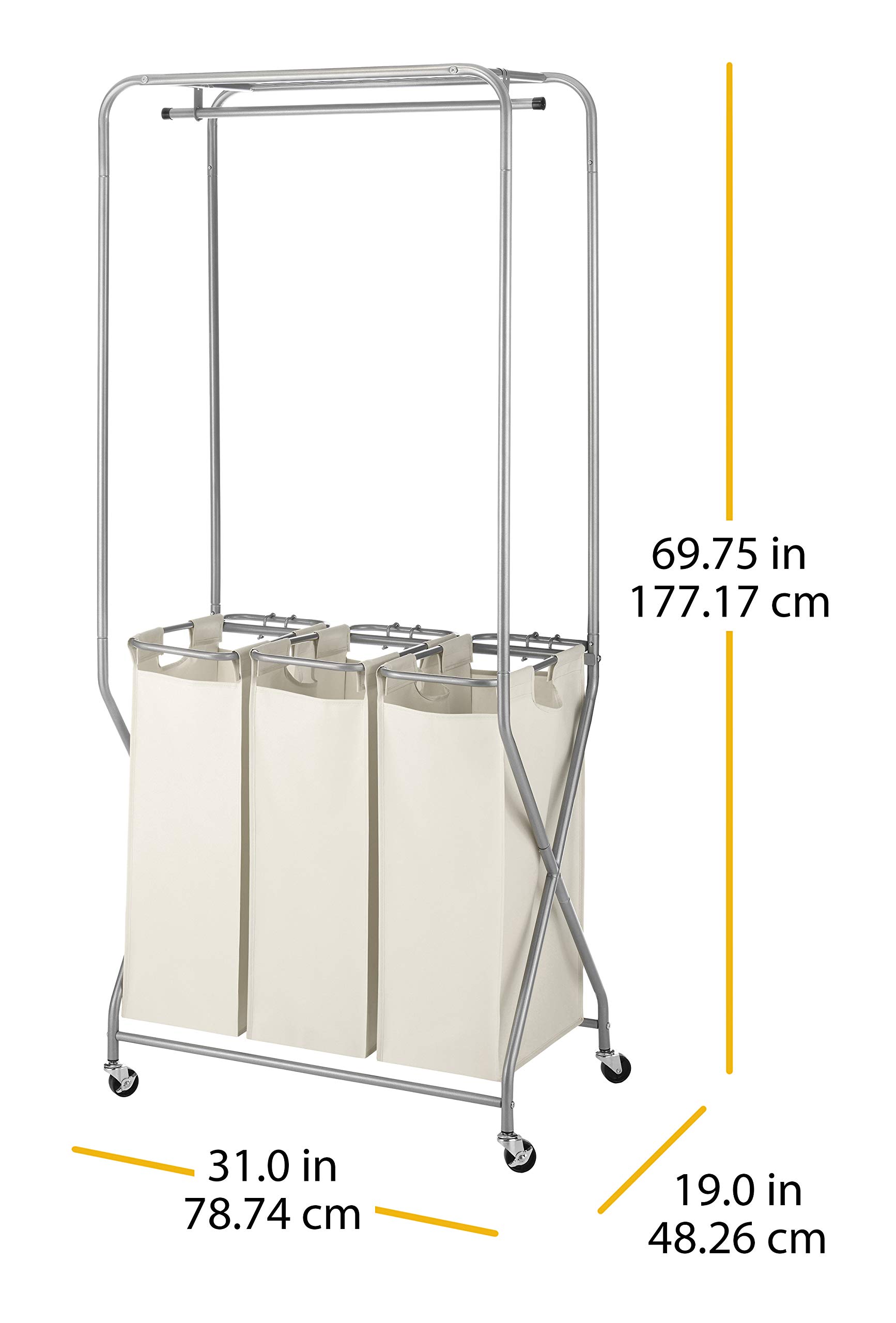 Whitmor Garment Rack with Removable Bags - Tan, Triple Sorter Laundry Center for Clothes Organization | Perfect for Bedroom, Closet & Laundry Room Storage