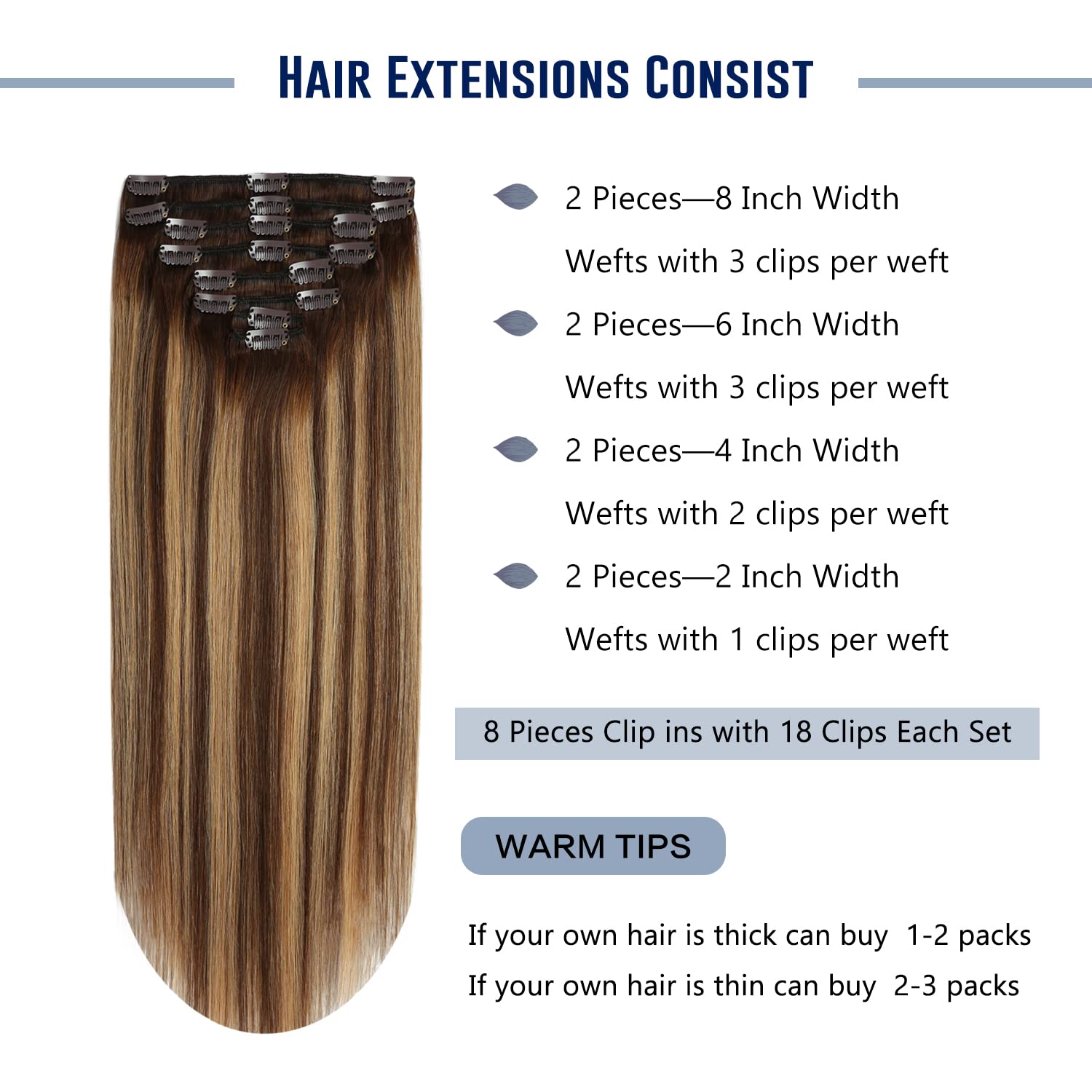 Sunya 20 Inch Real Human Hair Clip-in Extensions - Balayage Chocolate Brown to Caramel Blonde Ombre - 8pcs/120g - Perfect for Volume & Length - Great for Parties, Weddings & Daily Styling