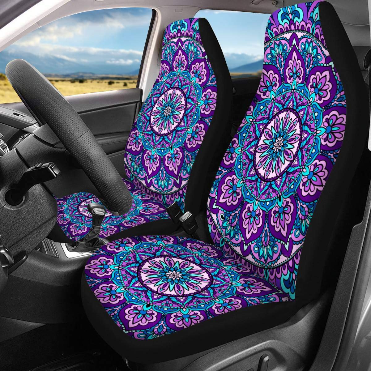 Boho Mandala Lotus Purple Universal Car Seat Covers - Front Seat Only for Women, Fits Most Cars - Perfect for Road Trips, Commuting & Style Upgrade