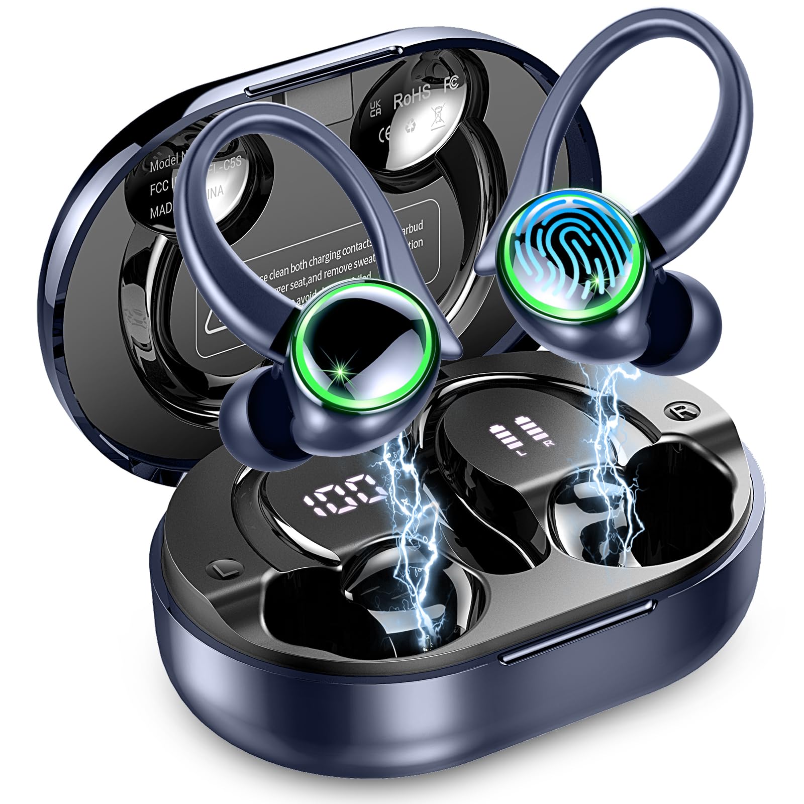 Wireless Bluetooth 5.3 Earbuds with ENC Noise Cancelling Mic - 50H Playtime HiFi Stereo Sports Earphones, IP7 Waterproof Over-Ear Headset with Secure Earhooks for Running, Gym Workouts & Fitness Activities | Perfect for Jogging, Cycling & Outdoor Sports