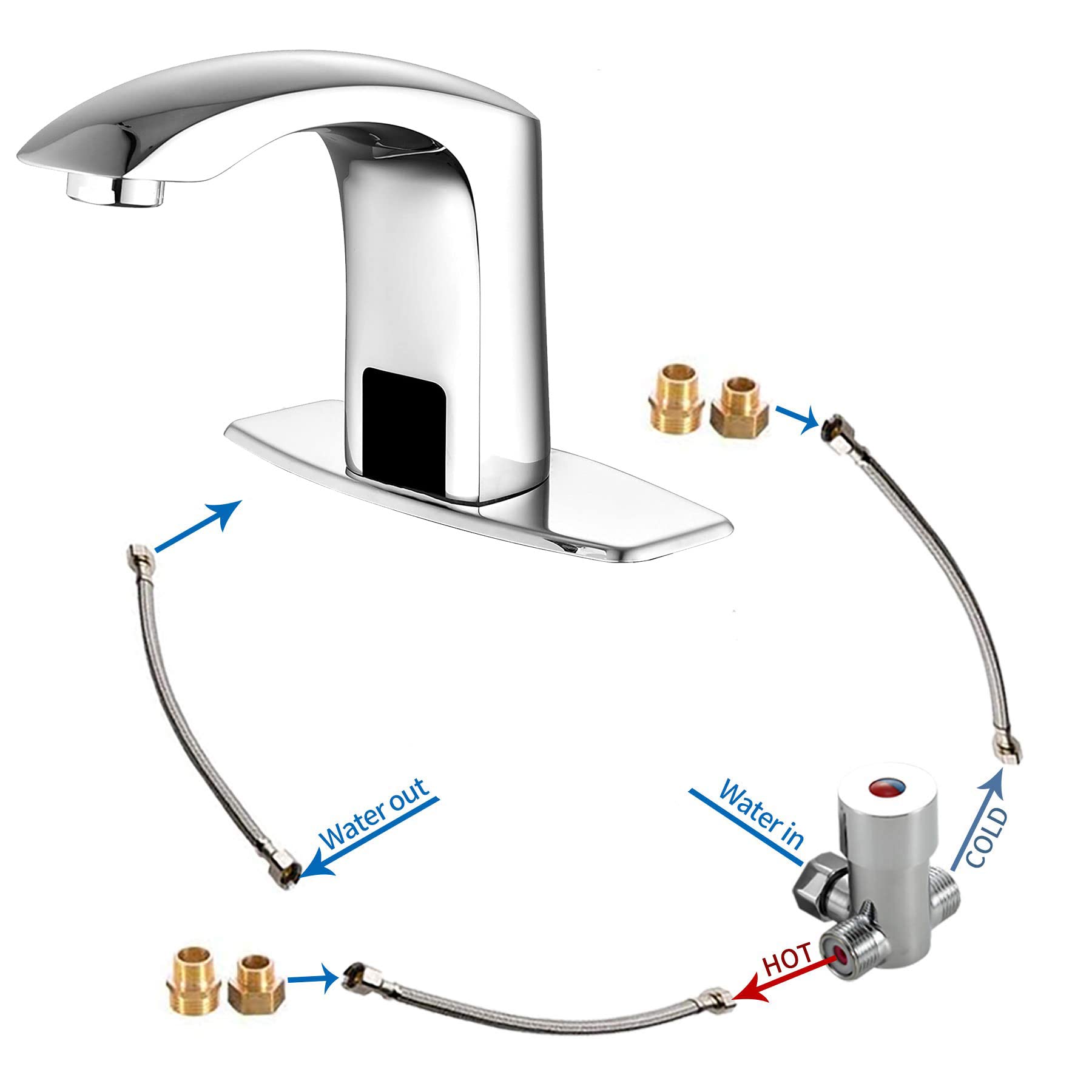 Automatic Sensor Touchless Bathroom Sink Faucet - Brass Motion-Activated Vanity Water Tap with Temperature Control Mixer, 3/8