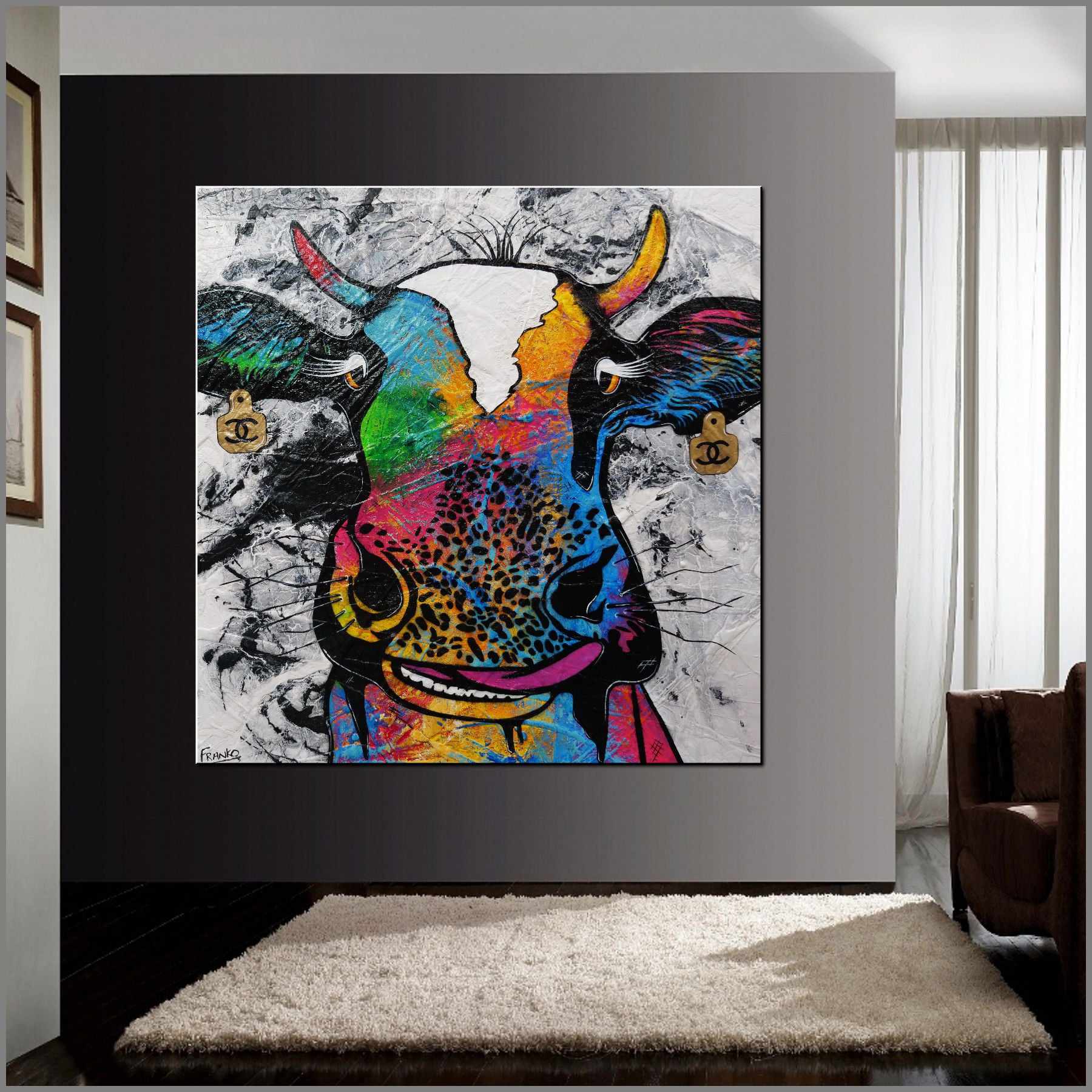 Lickety Sterling 120cm x 120cm Cow Urban Pop Art Textured Canvas Painting - Modern Home Decor for Living Room, Bedroom & Office Wall Art
