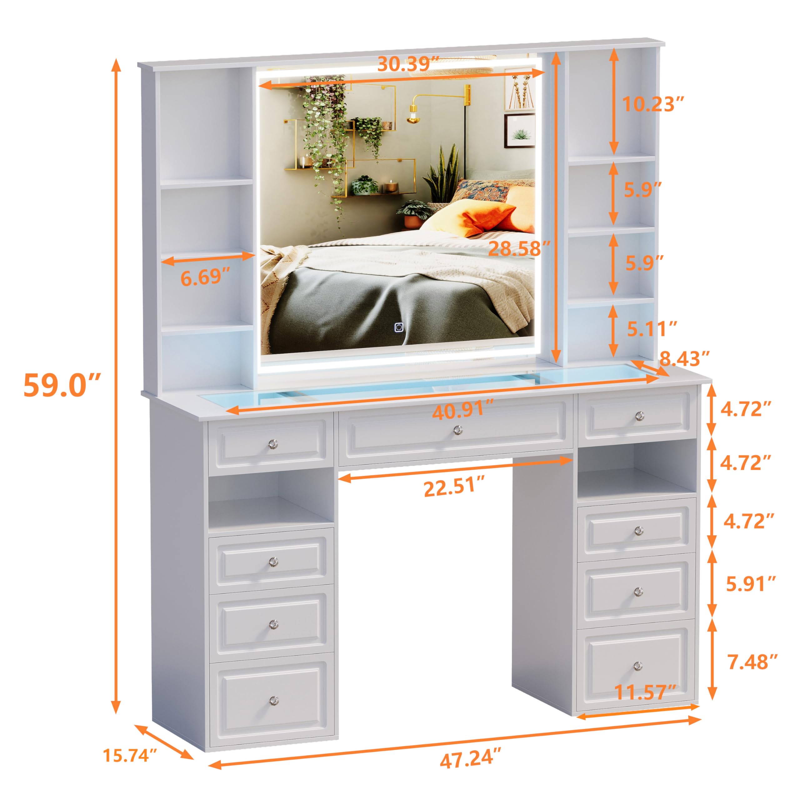 **Vanity Desk with Mirror and Lights - Glass Top Dressing Table with 9 Drawers, European Style Makeup Vanity, Crystal Ball Knobs, White & Glass Top - Perfect for Bedroom, Dressing Room, and Makeup Studio**